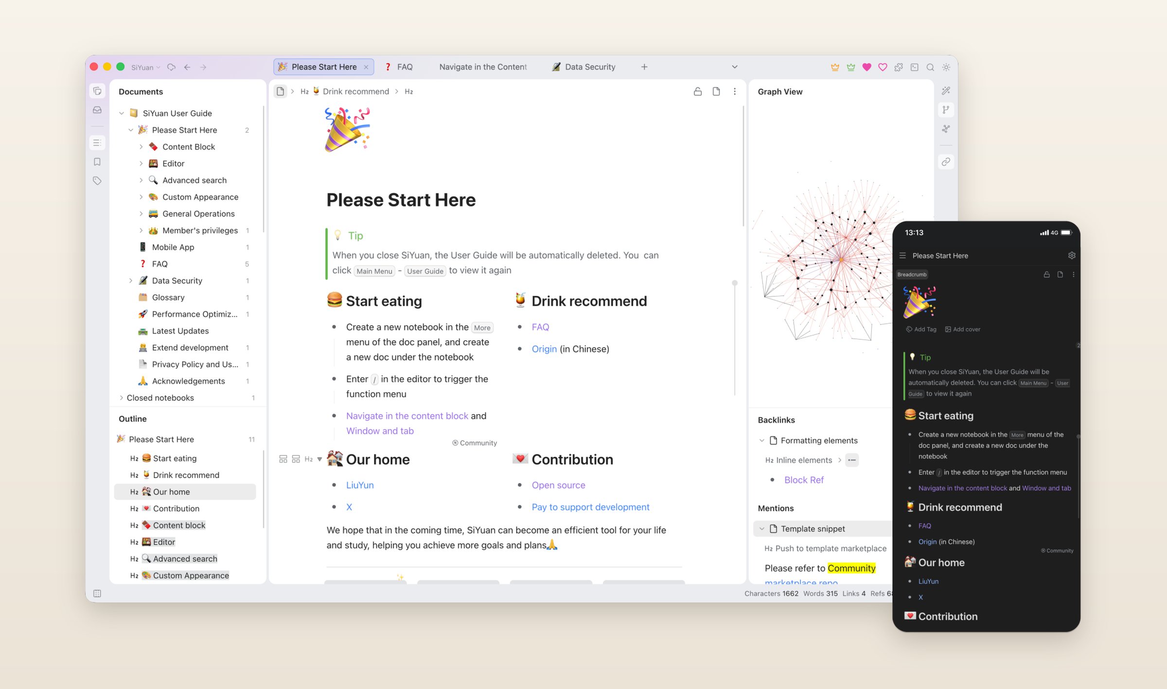 SiYuan on a desktop with a phone beside it, the user guide open with its document tree, outline, graph view and backlinks
