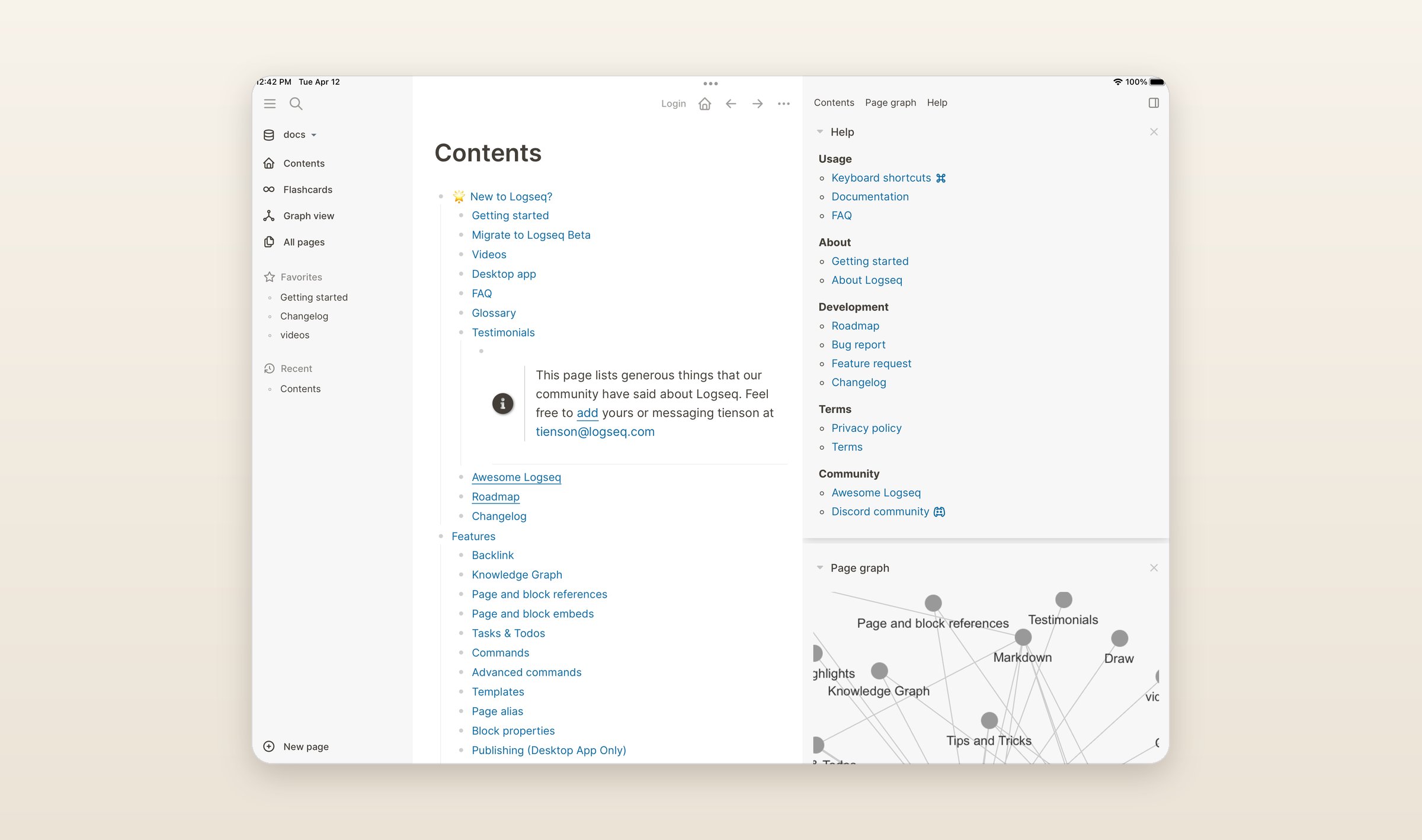 Logseq on an iPad with its documentation graph open, a contents page in the middle and the page graph in the right sidebar