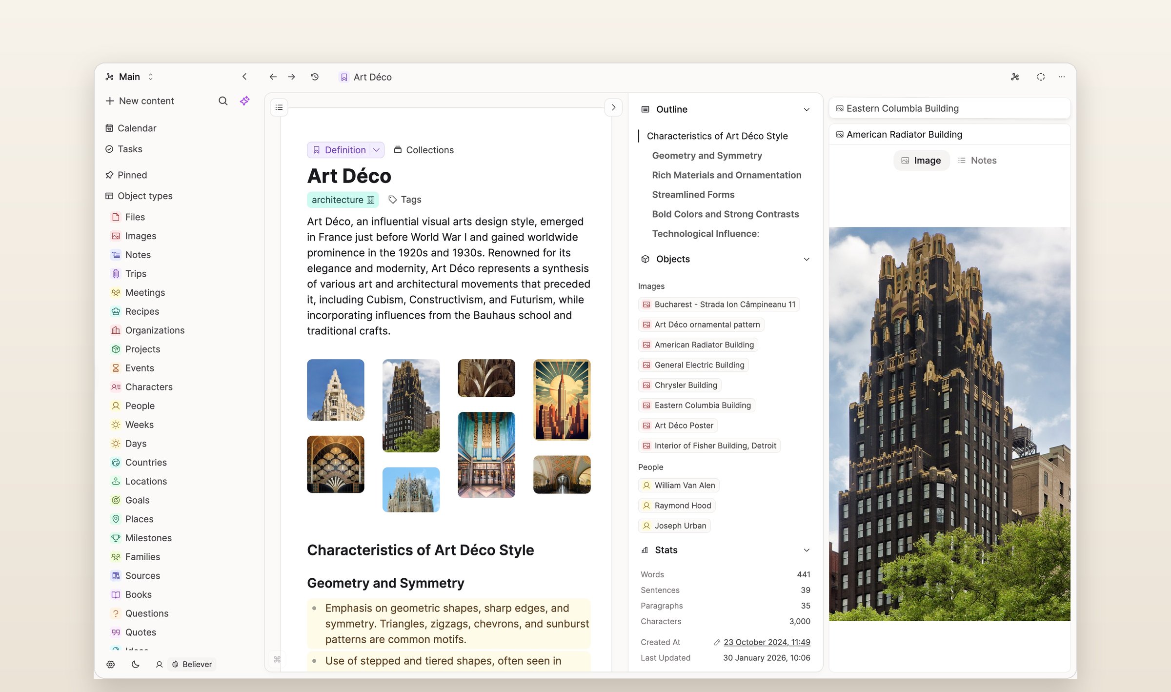 Capacities on a Mac, a page about Art Deco open with its photos, its outline and the objects it links to, and object types like Books and People down the sidebar