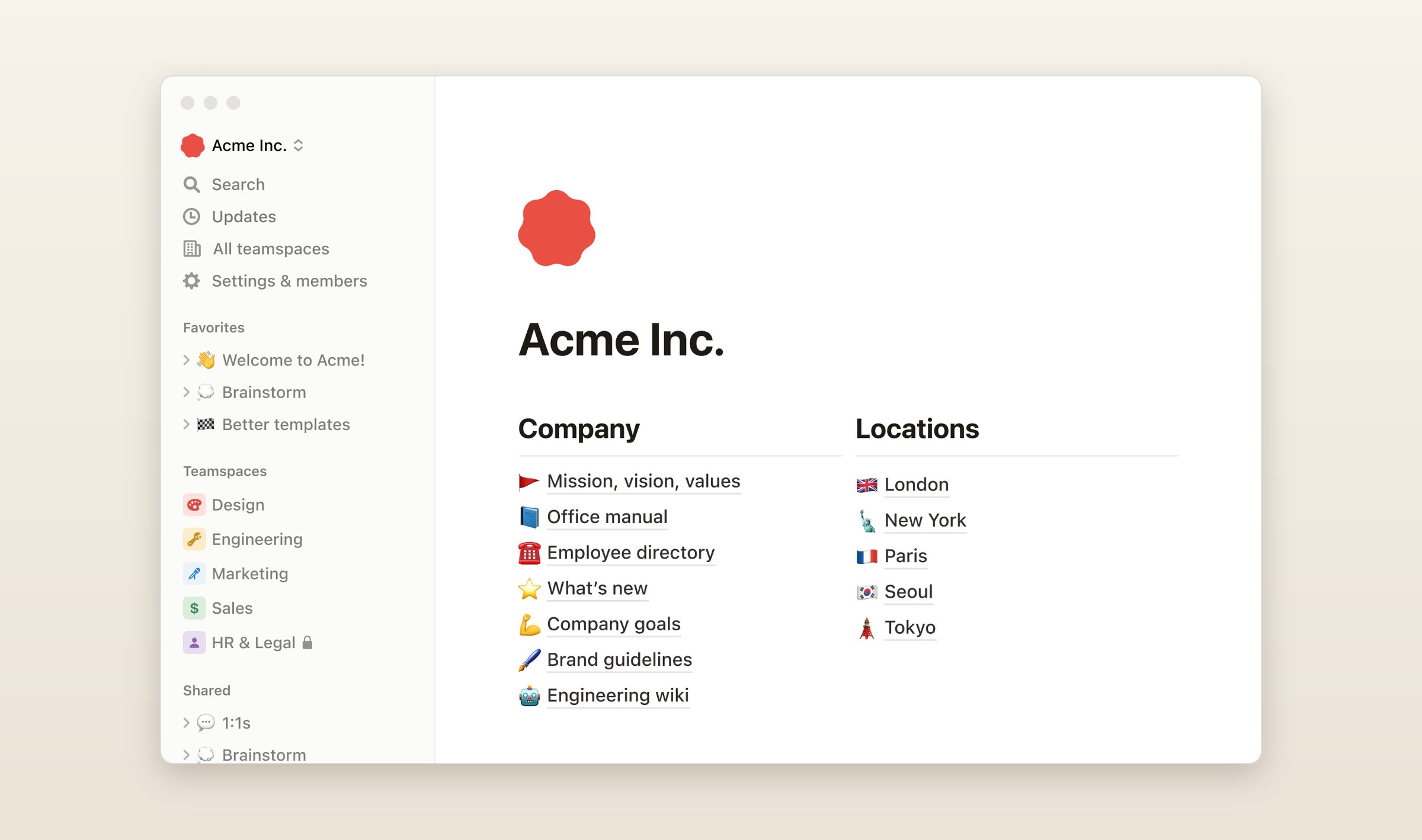 A Notion workspace for a sample company, Acme Inc., its teamspaces down the sidebar and a wiki page listing company documents and office locations