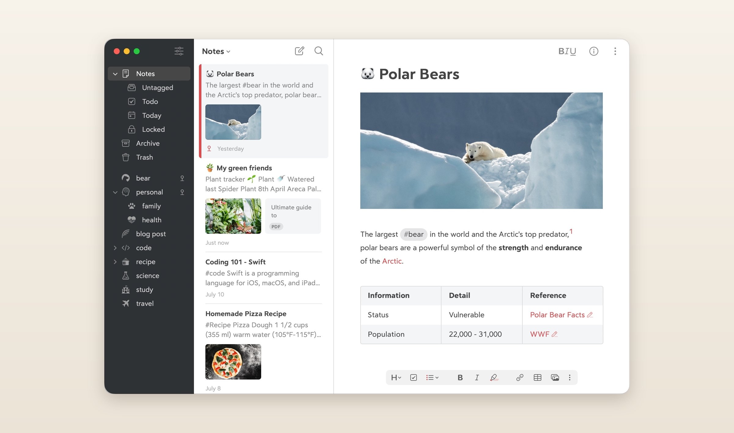 Bear on a Mac, tags down a dark sidebar, a list of notes and a polar bear note open with a photo and a table