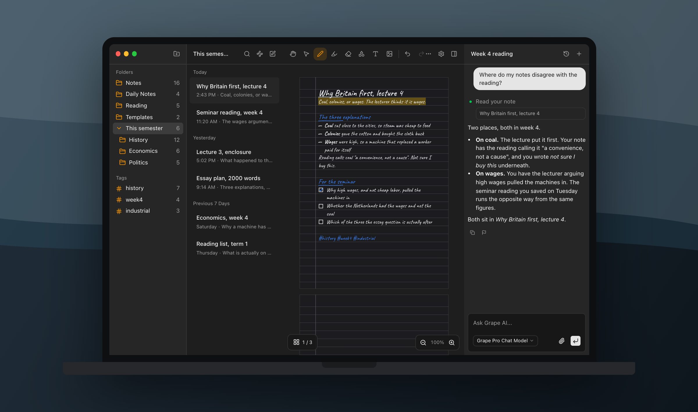 A handwritten week 4 lecture note open in Grape on a MacBook in dark mode, the pen tools in the header