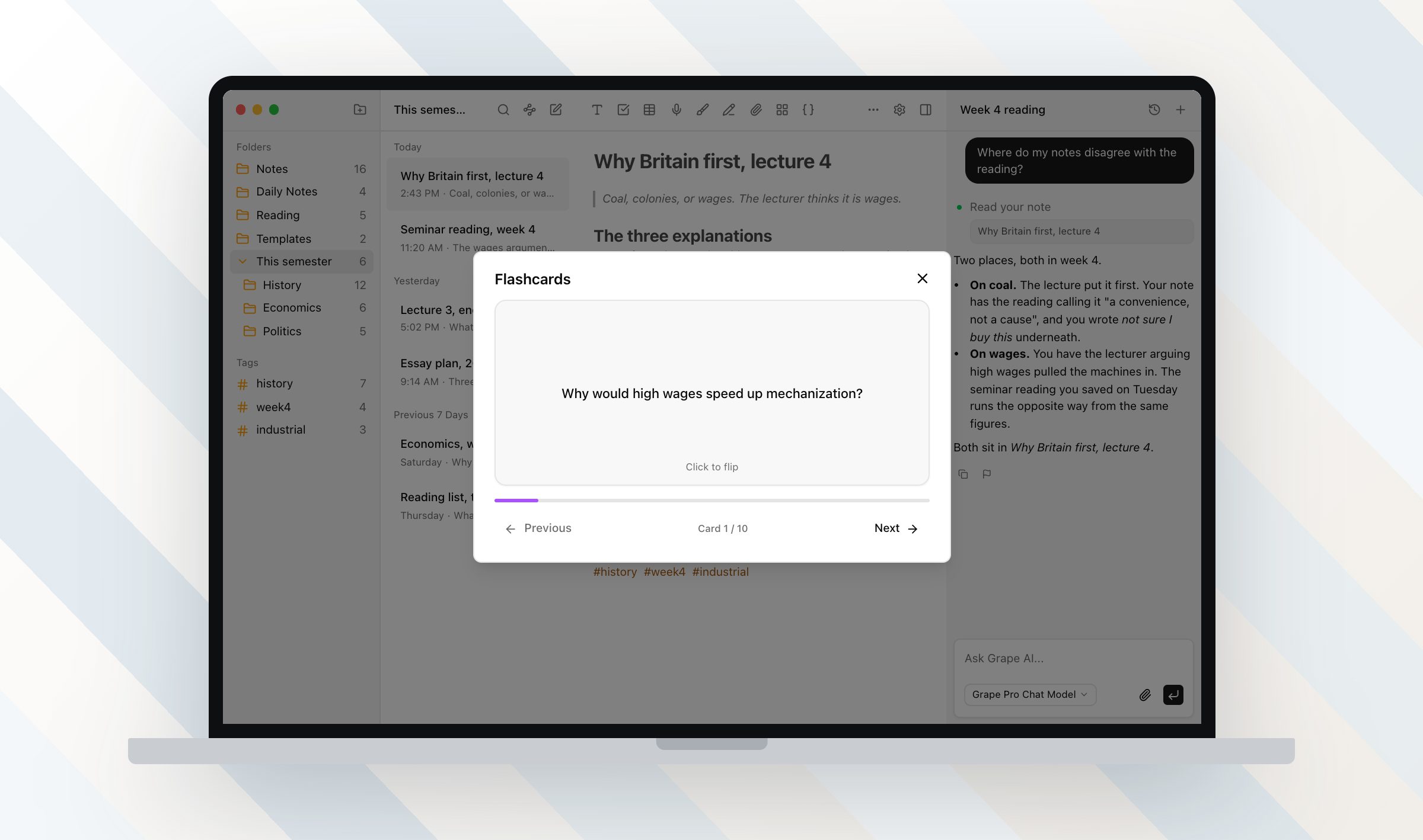 A flashcard deck open over the week 4 note on a MacBook, front of card one showing
