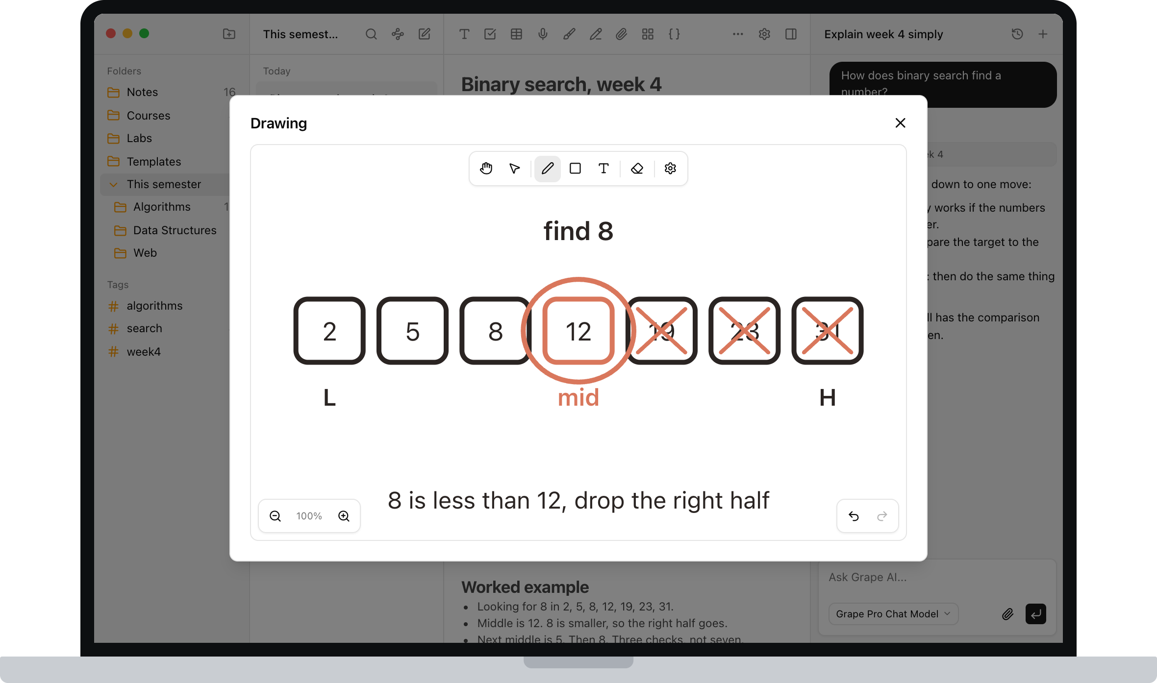 The drawing canvas open inside a Grape note, showing a binary search: seven numbers, the midpoint circled, the right half crossed out