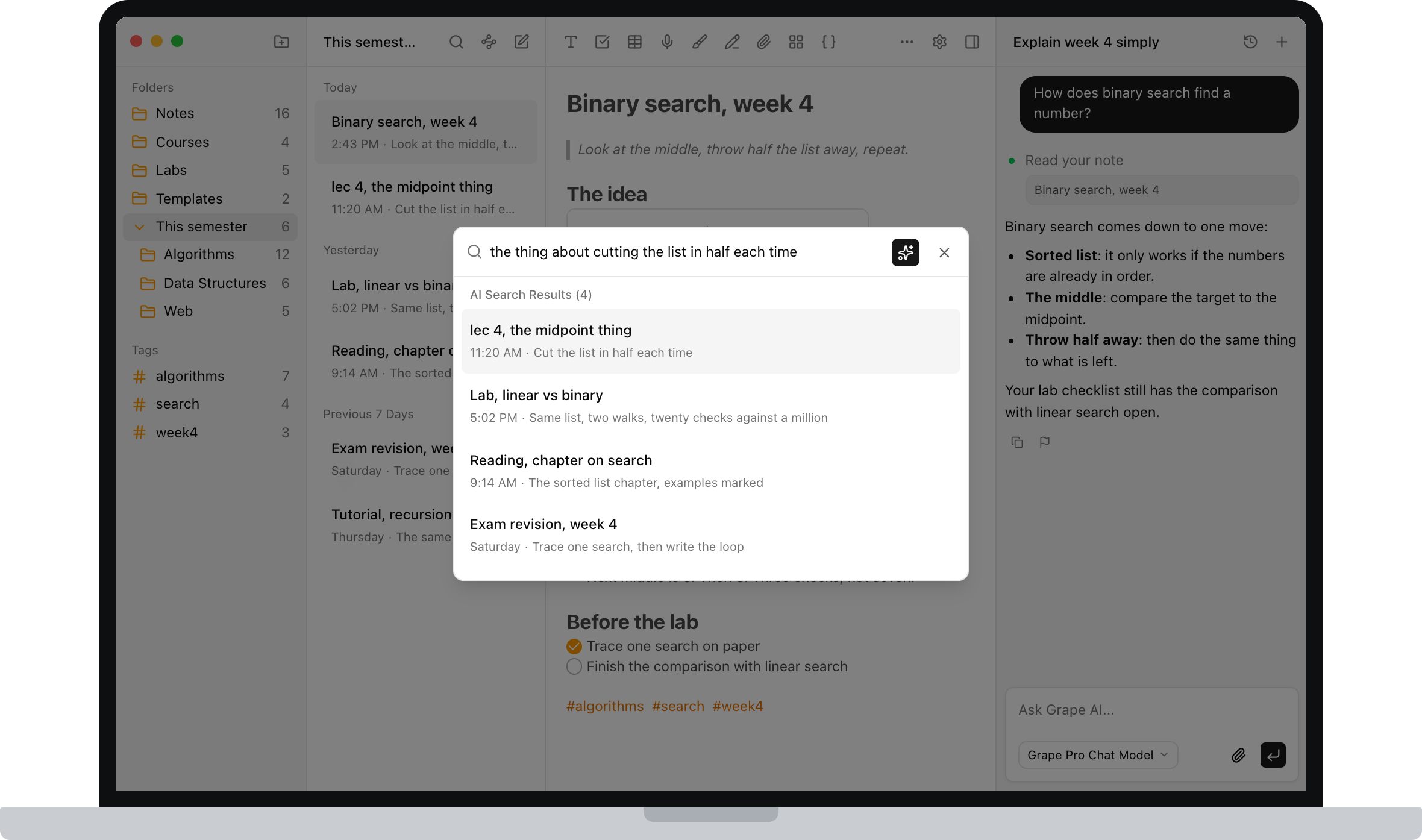 Grape AI search finding four notes from a question typed in plain words, not keywords