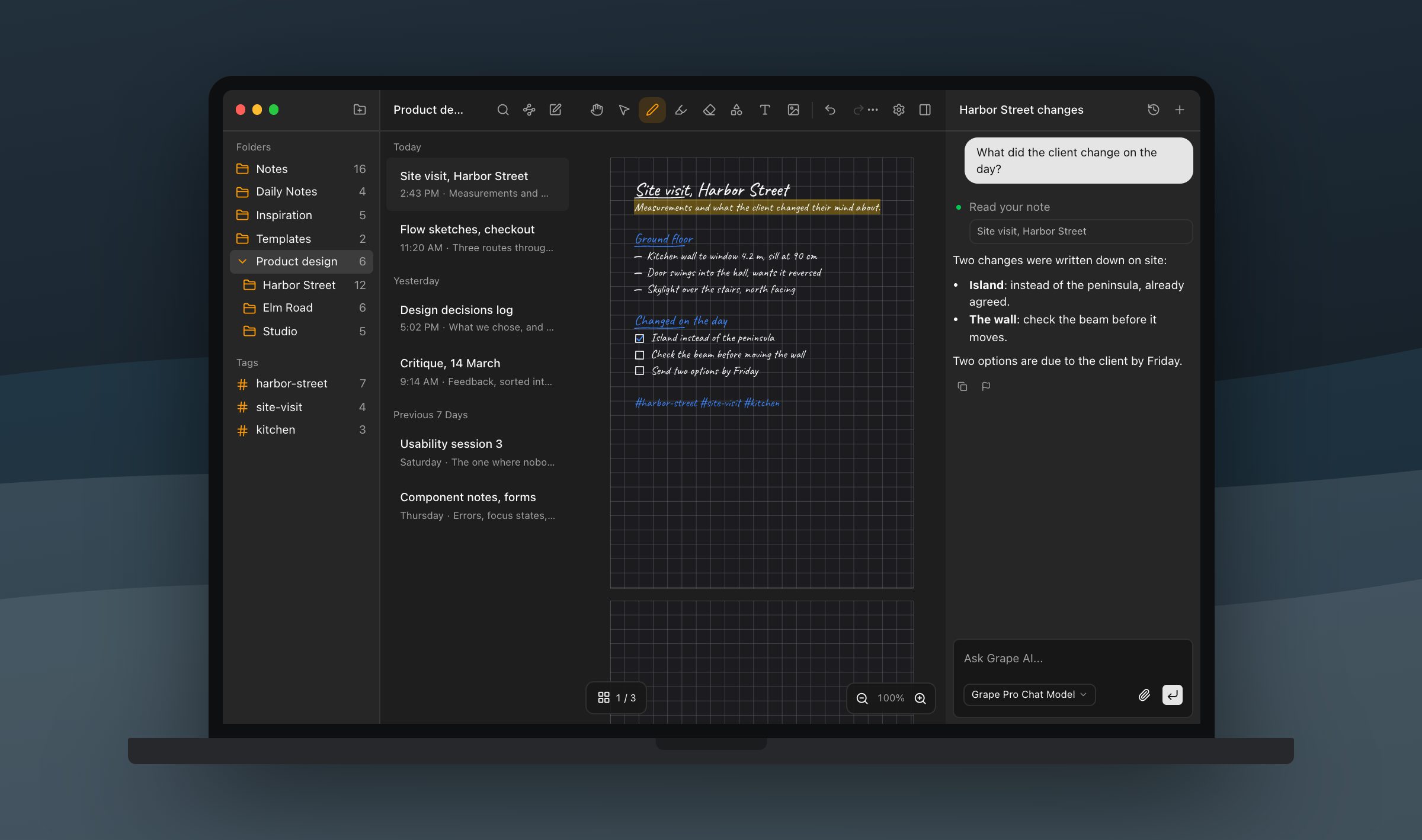 A handwriting note from a site visit open in Grape on a MacBook in dark mode, measurements written in pen on grid paper with the AI chat listing what the client changed