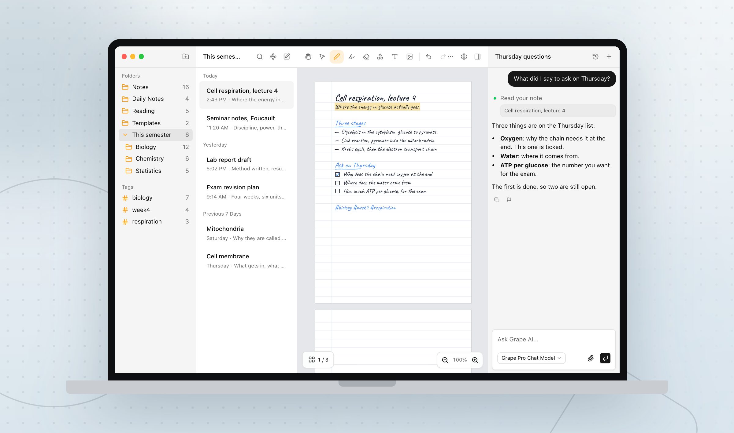 A handwriting note about cell respiration open in Grape on a MacBook, written in pen on lined paper with the drawing tools in the header and the AI chat answering from it