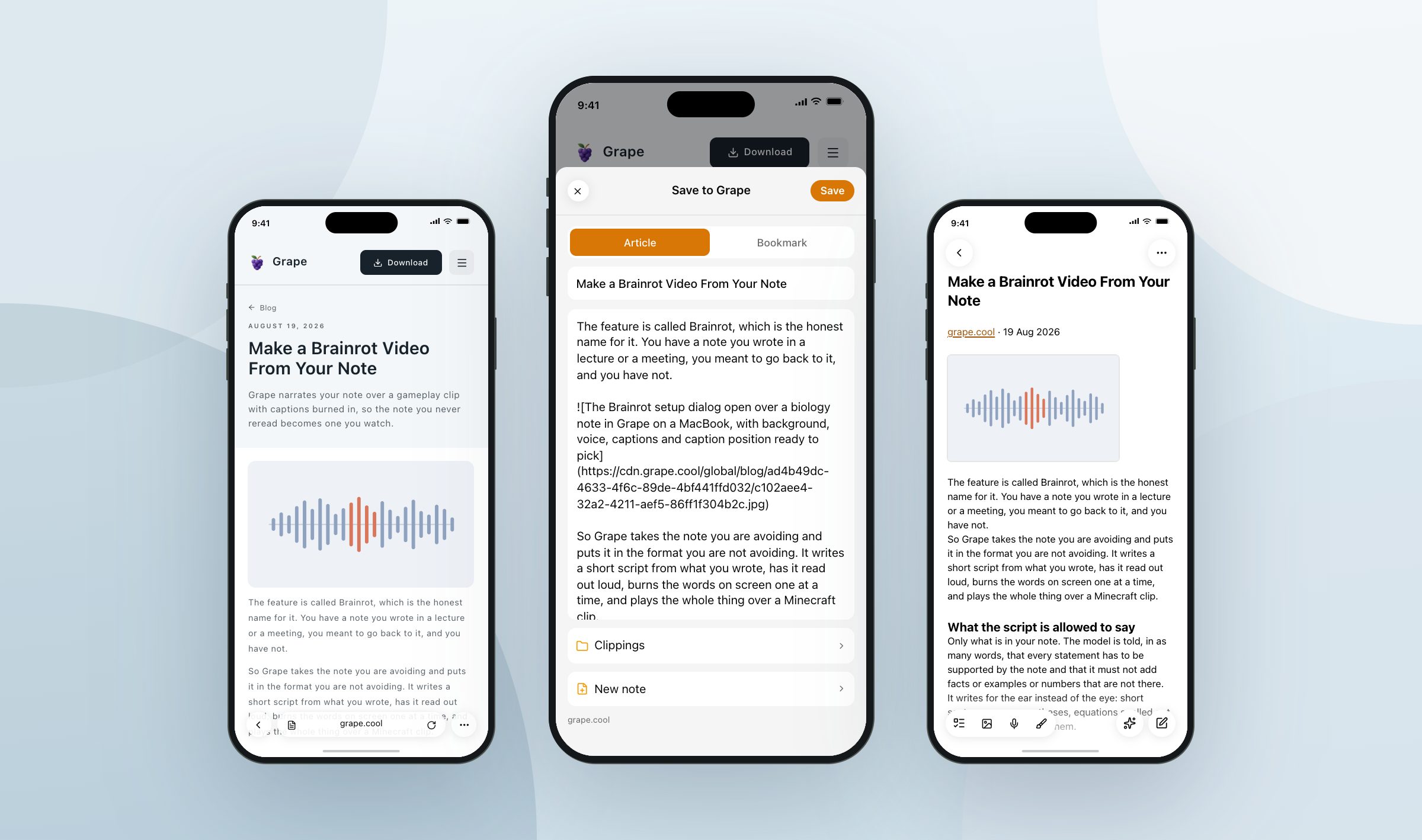 The Grape share sheet open over a page in Safari on an iPhone, between the page being read and the note it became, on three phones