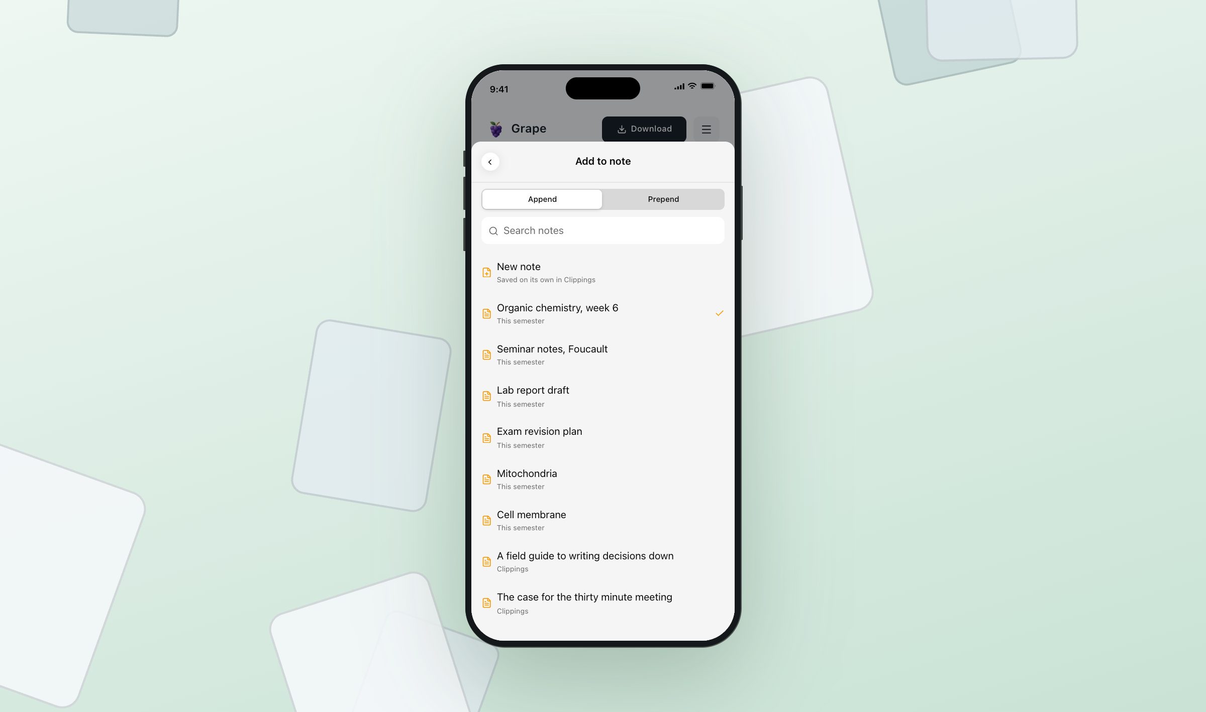 The Grape share sheet's note picker on an iPhone, with Append and Prepend above a search field and the recent notes listed under the folders they are filed in