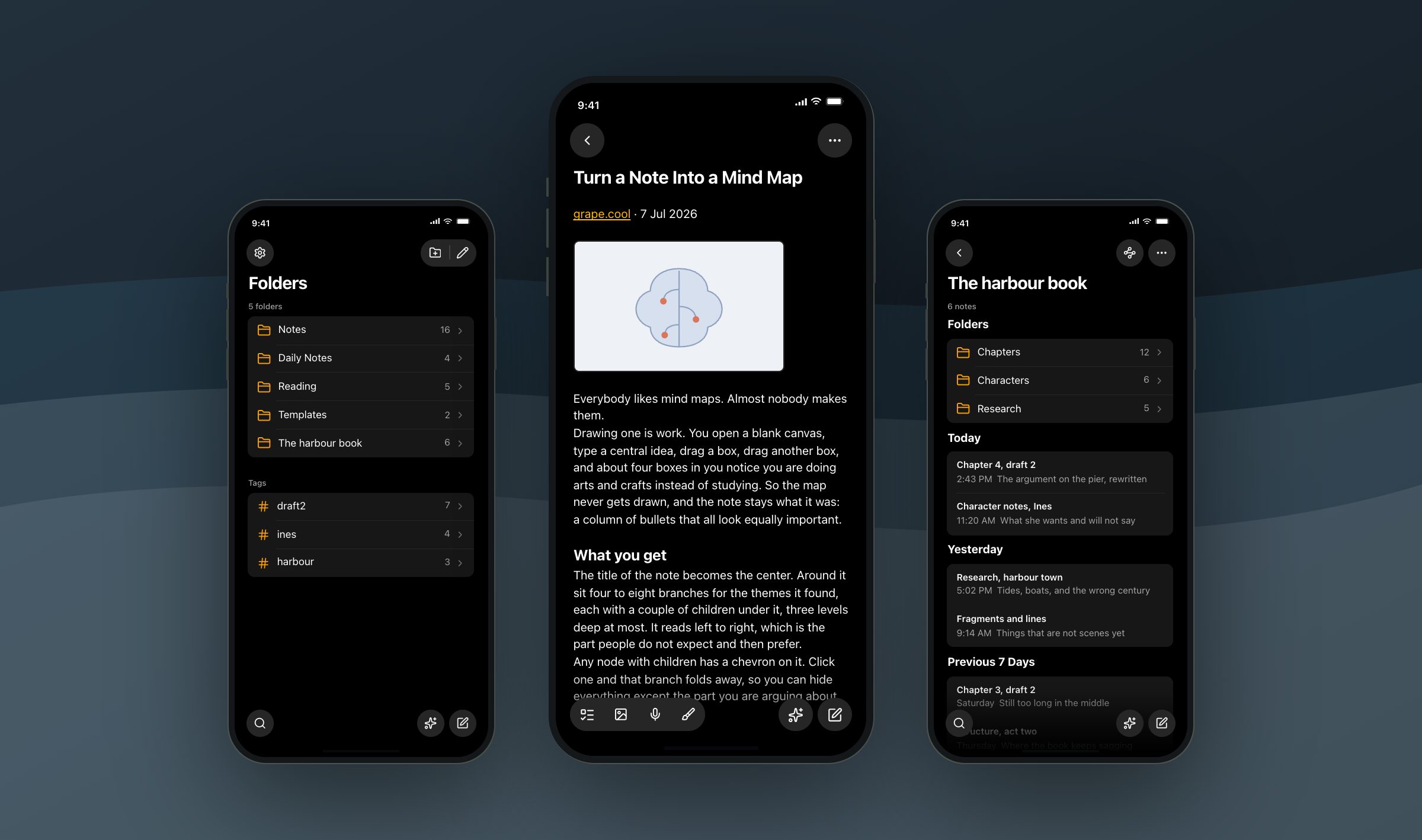 A note shared from Safari open in a writer's Grape workspace on an iPhone in dark mode, the source line under the title and the page's own picture downloaded into it