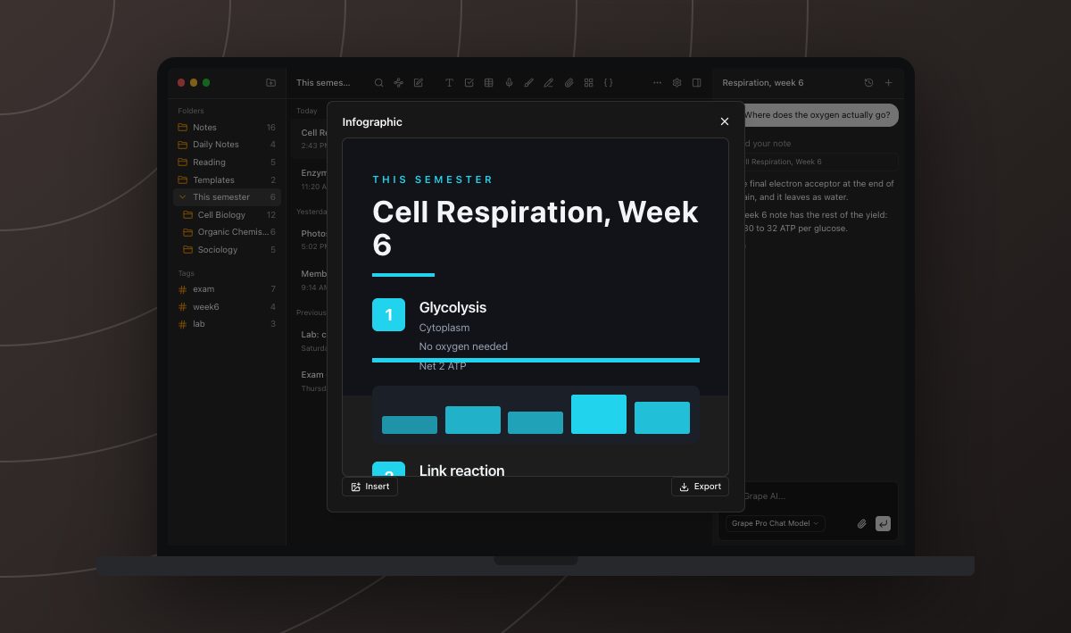 The finished poster open in Grape's Infographic viewer on a MacBook in dark mode, drawn in the Dark style with neon numbered sections for glycolysis and the link reaction, Insert and Export beneath it