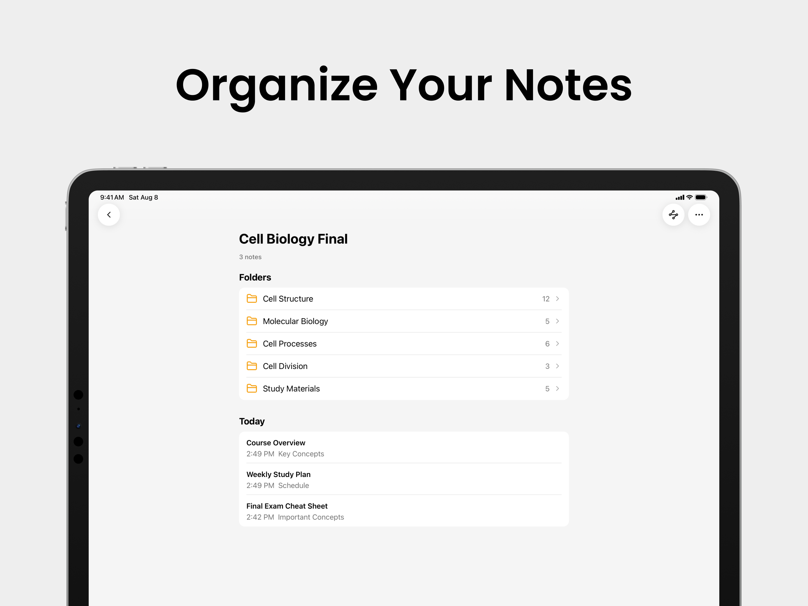 Course folders and recent notes in Grape Mobile
