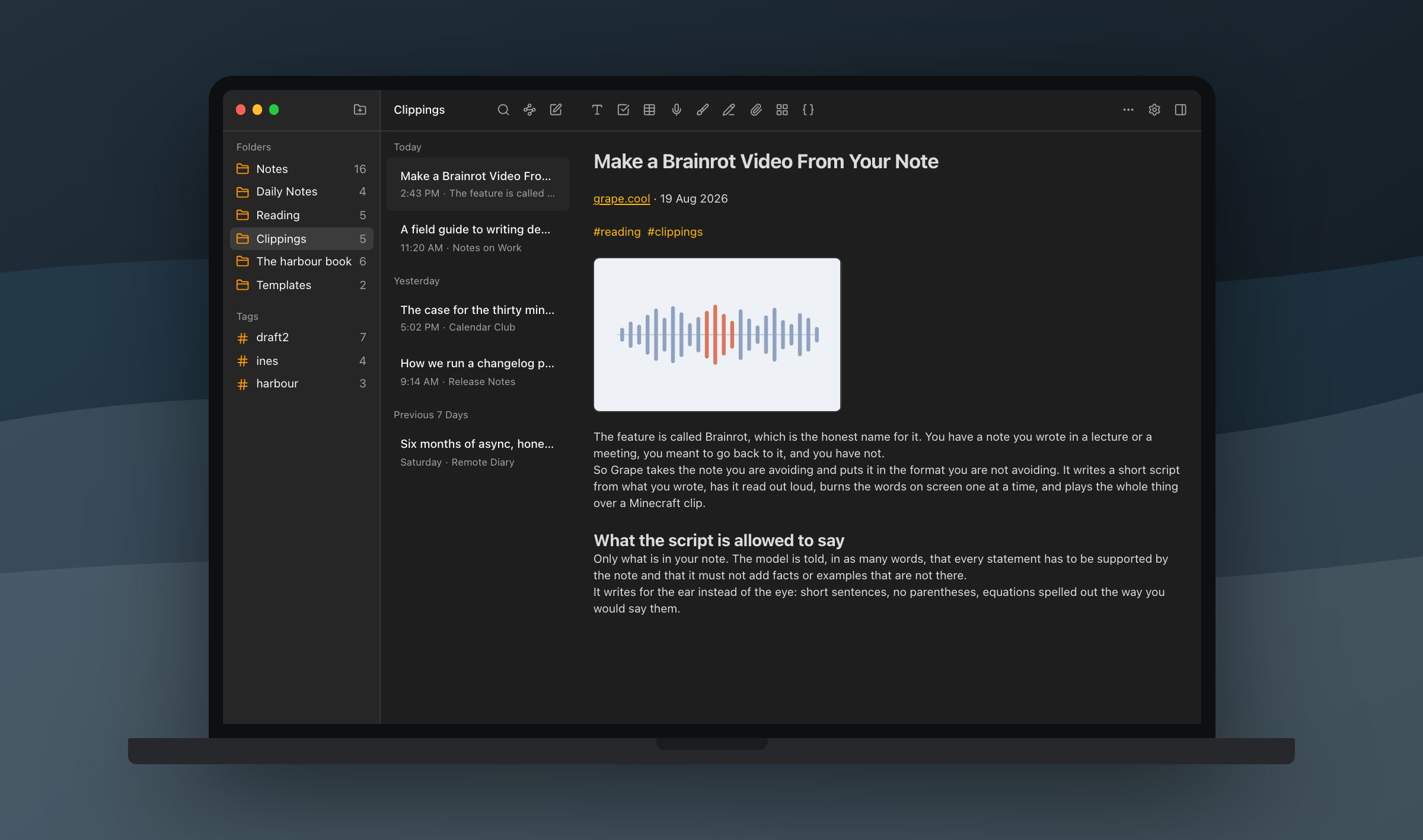 A second clipped article open in Grape on a MacBook in dark mode, in the Clippings folder of a writer's workspace, the source line and tags under the title