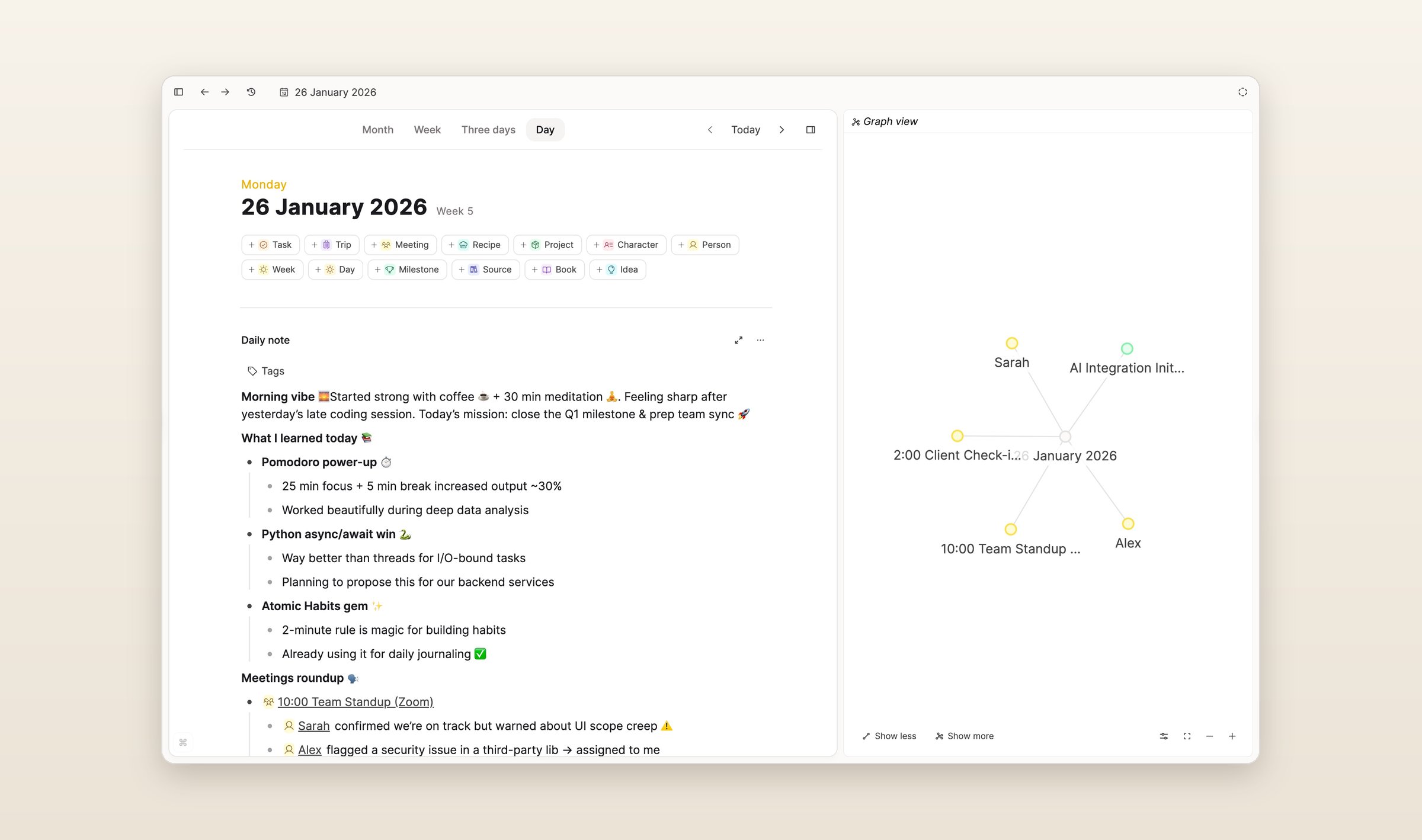 Capacities on a desktop with a daily note for January 26, 2026 open, buttons for new objects like Task, Meeting and Book above it, and a graph of the people and meetings it links on the right
