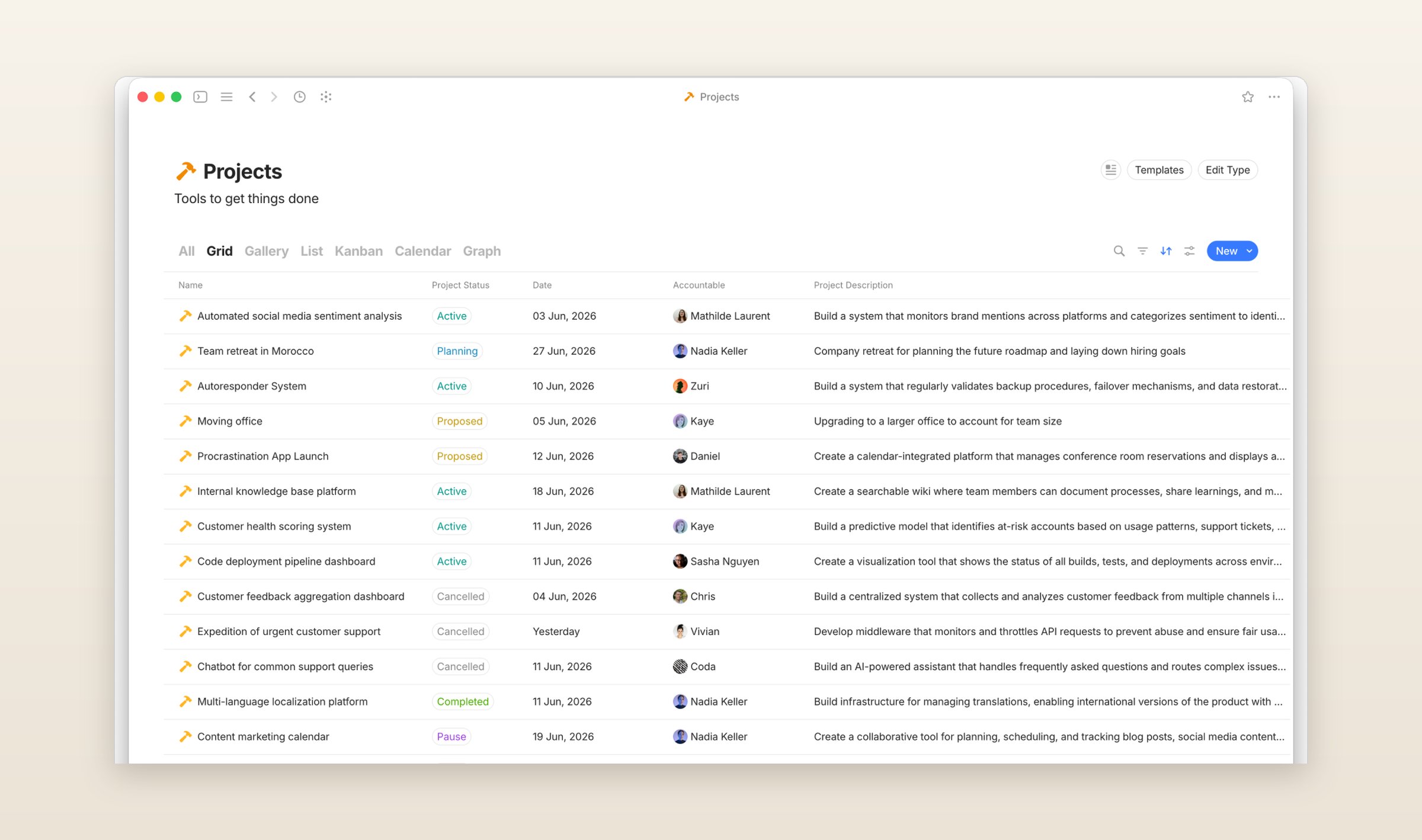 Anytype's desktop app with a Projects type open as a grid, each project with its status, date, owner and description