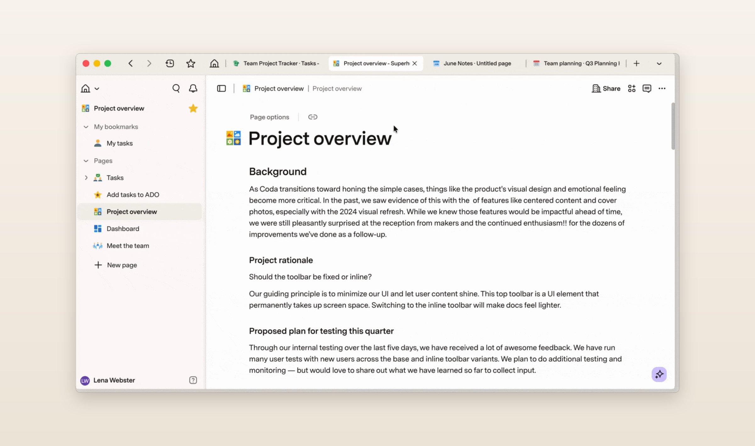 Superhuman Docs on a Mac, a Project overview doc open with its background and rationale, the doc's pages down the left and other docs in tabs across the top