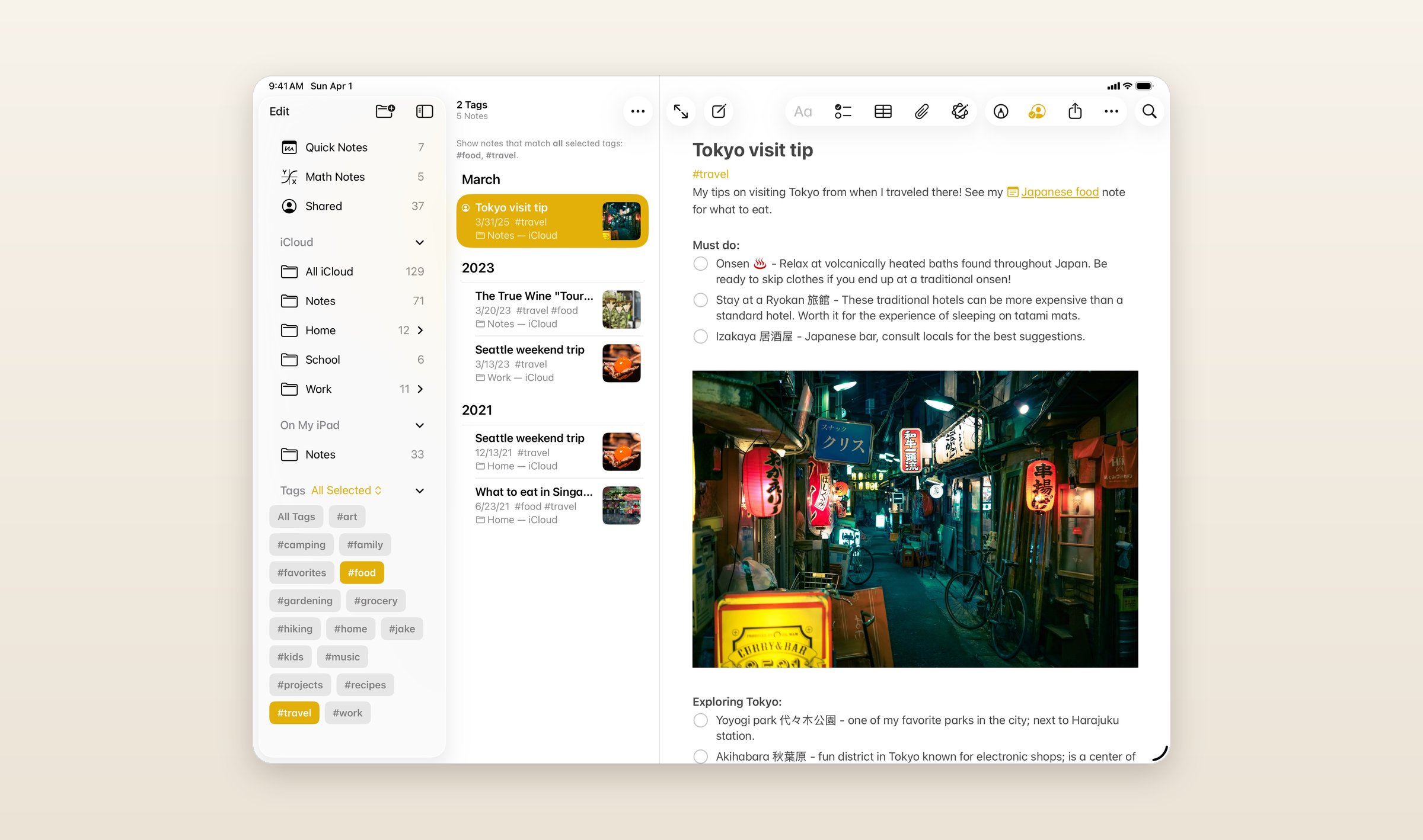 Apple Notes on an iPad filtered by two tags, a Tokyo trip note open with a checklist of places to go and a photo of a lantern-lit street