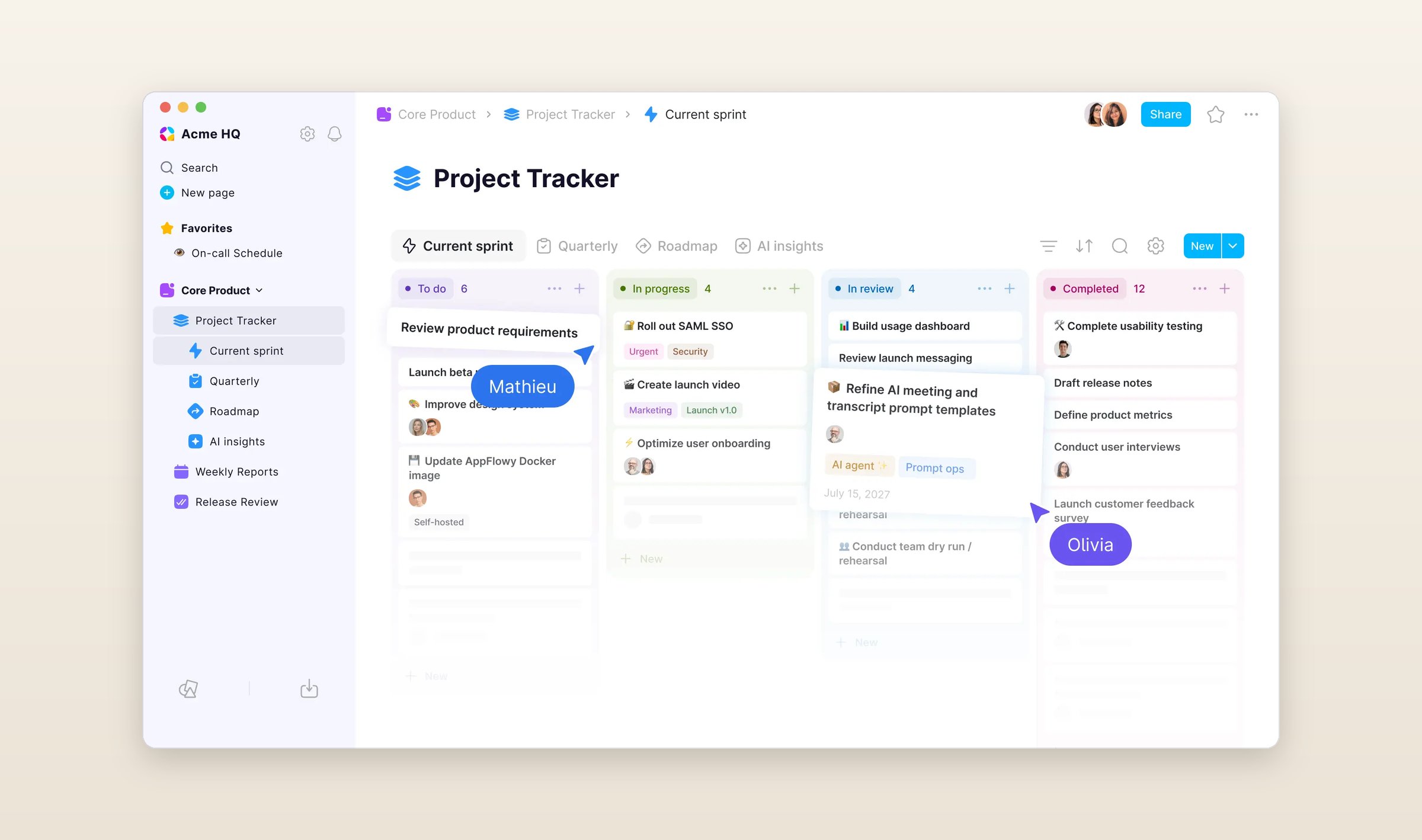 AppFlowy's desktop app with a Project Tracker board open, tasks in To do, In progress, In review and Completed columns, and two people's cursors on it