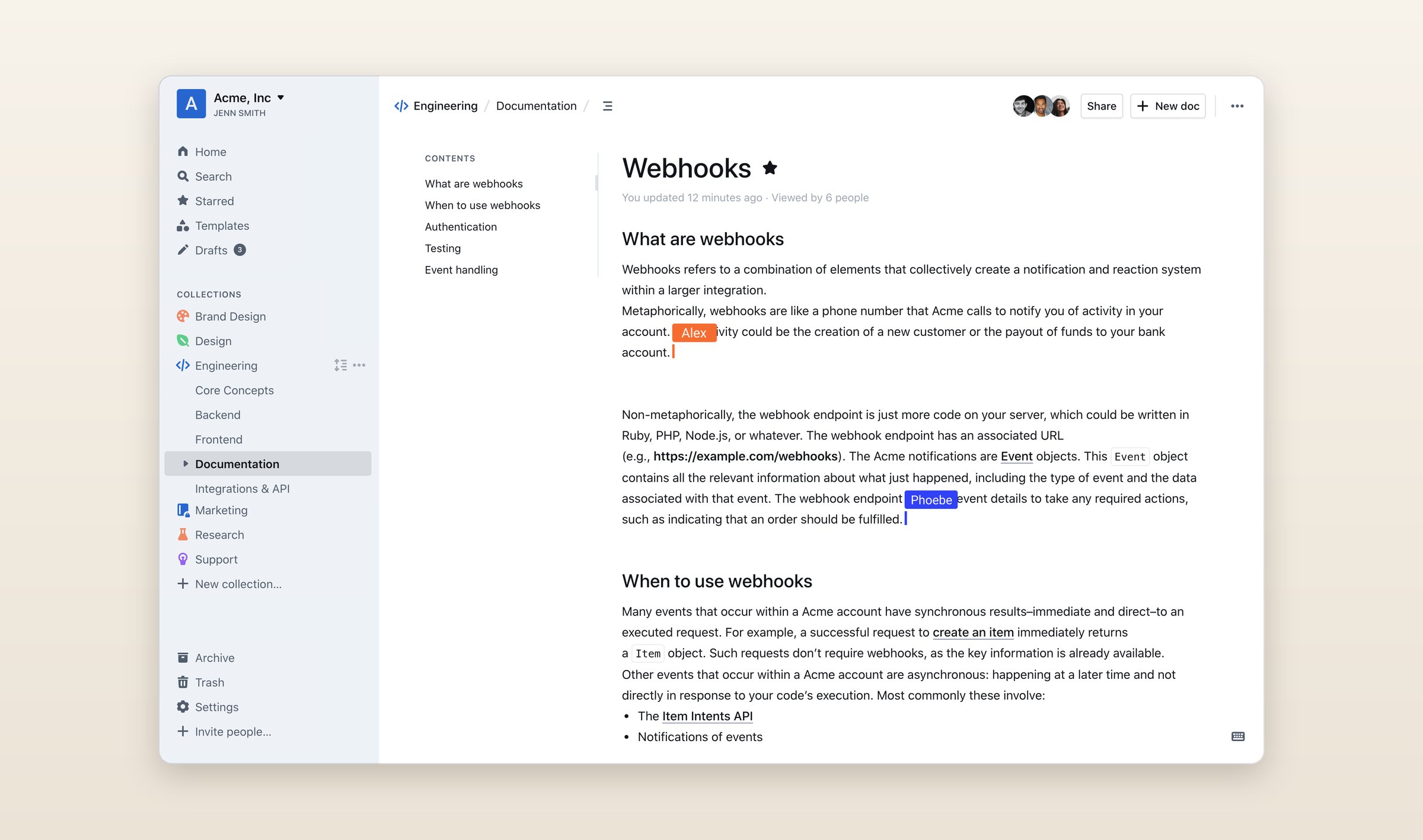 Outline with a Webhooks document open in an Engineering collection, its contents beside it and two teammates' cursors in the text