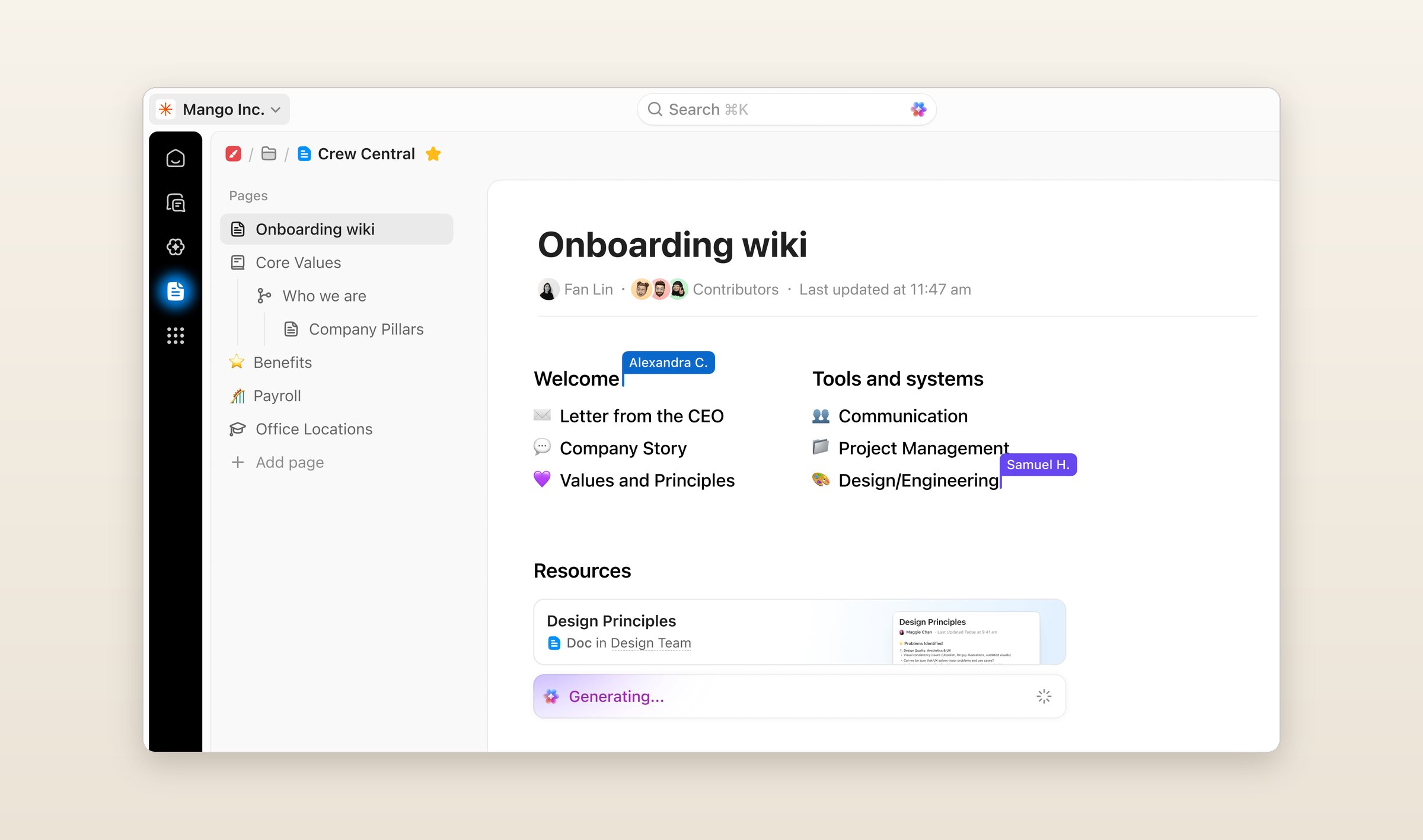 ClickUp Docs with an Onboarding wiki page open, its pages in a tree on the left, two teammates' cursors and an AI block generating at the bottom