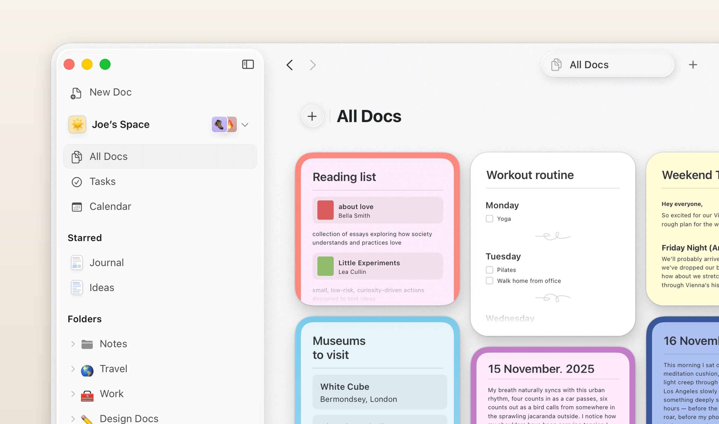 Craft on a Mac, the All Docs view showing documents as colored cards, a reading list, a workout routine and journal entries, with Starred and Folders in the sidebar