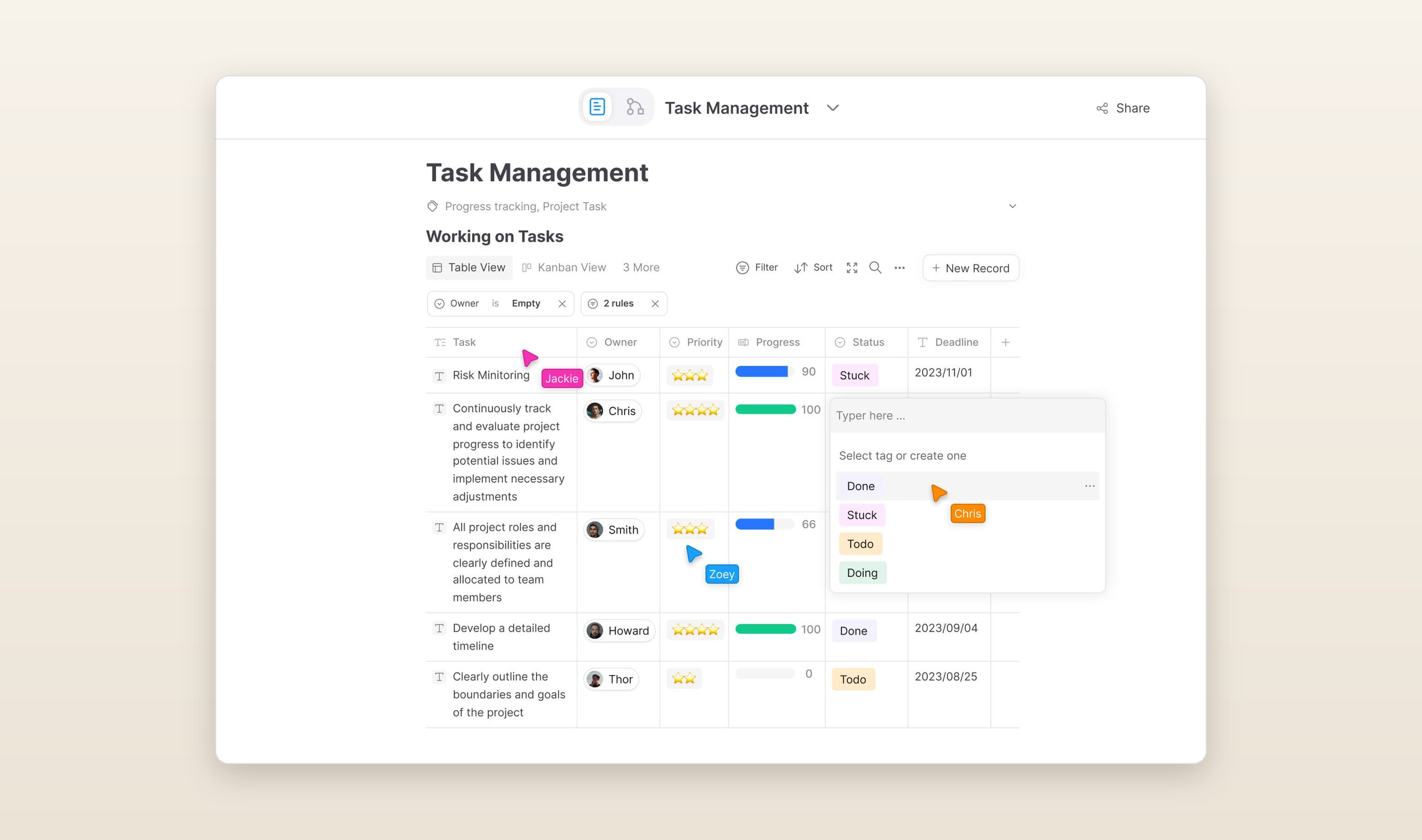 AFFiNE with a Task Management database in table view, tasks with an owner, a star rating, a progress bar, a status and a deadline, and a status menu open