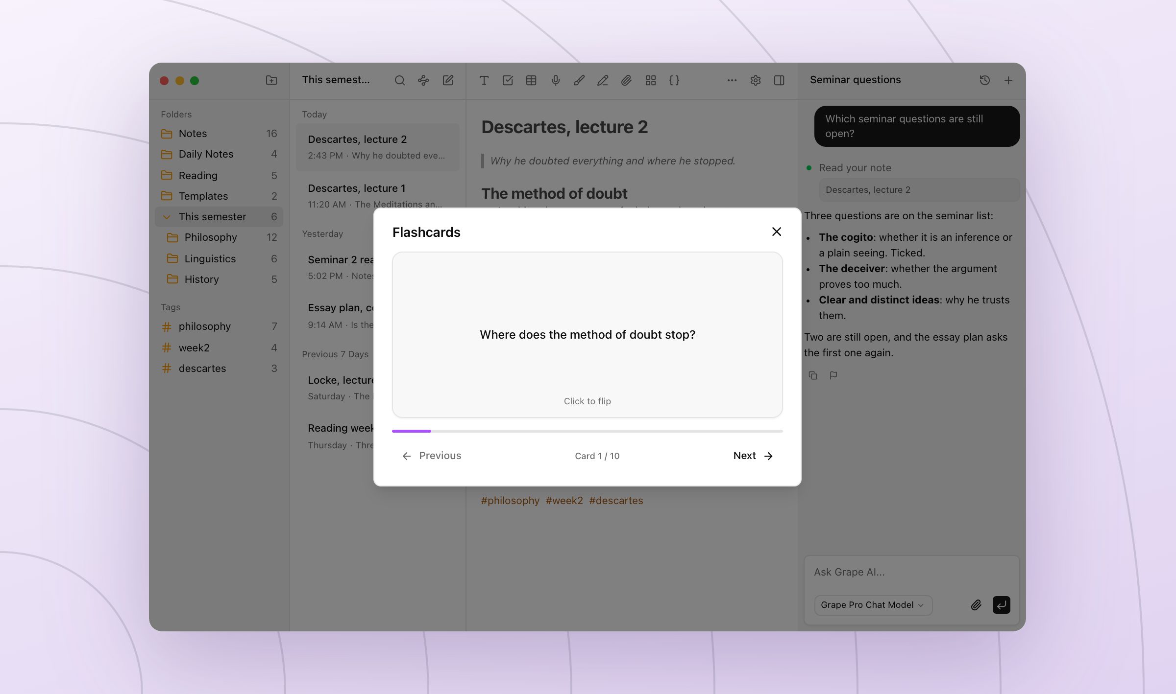 The Grape desktop window with a flashcard deck open over the Descartes lecture, card 1 of 10 asking where the method of doubt stops