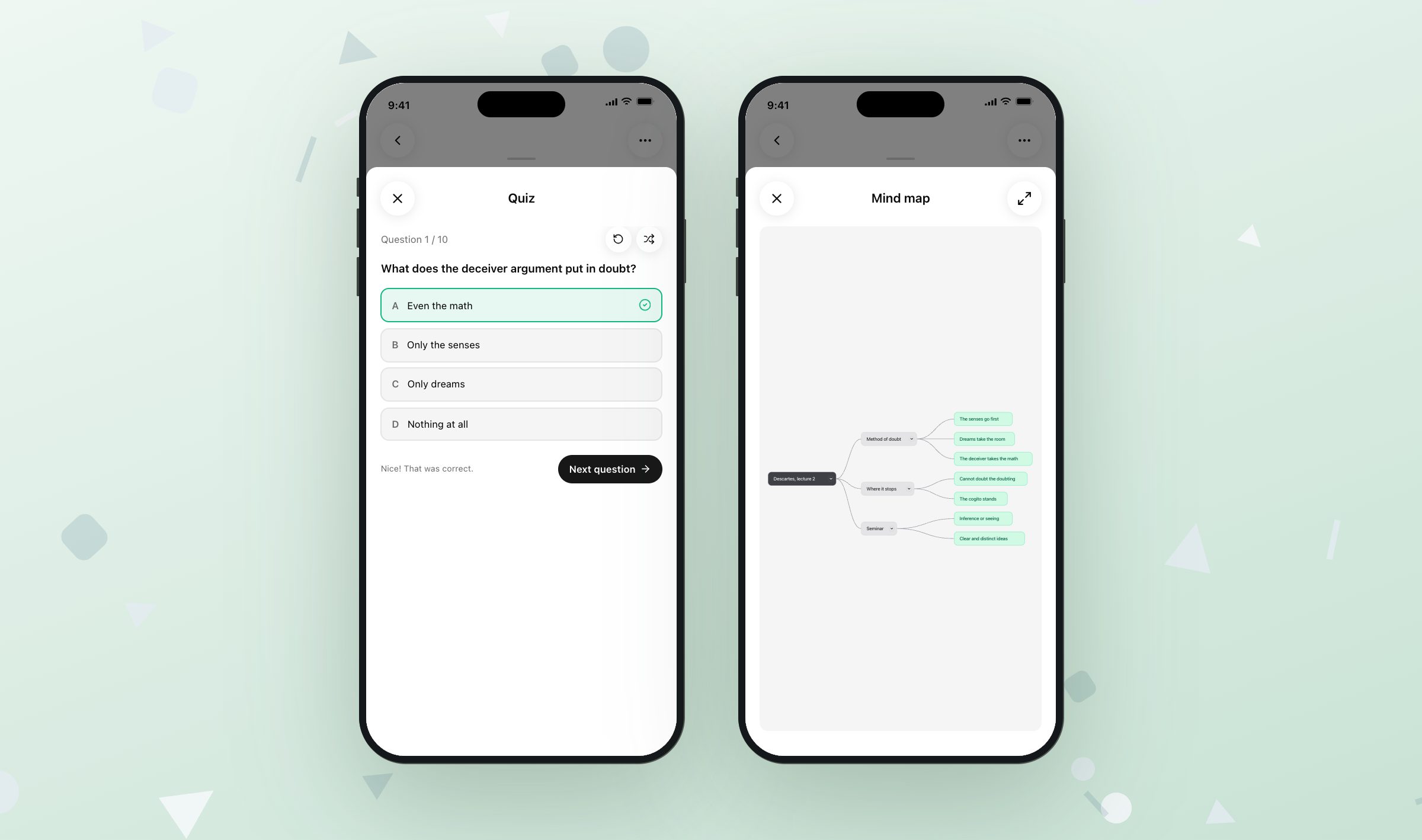 Two iPhones side by side, a ten question quiz on the lecture with the first answer marked correct, and the same lecture as a mind map