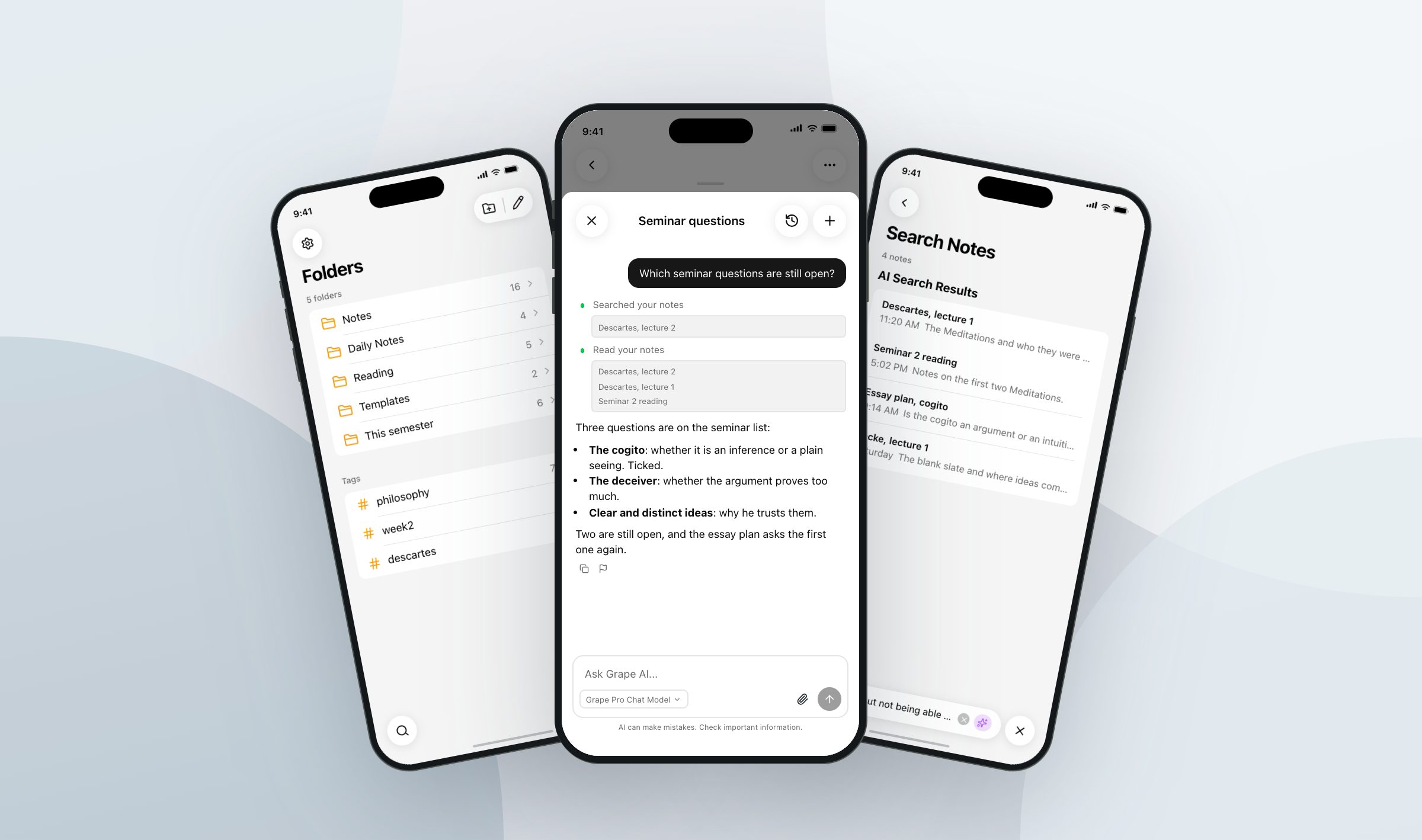 Three iPhones fanned out, the folder and tag list of a semester, the AI chat answering which seminar questions are still open, and search finding four philosophy notes