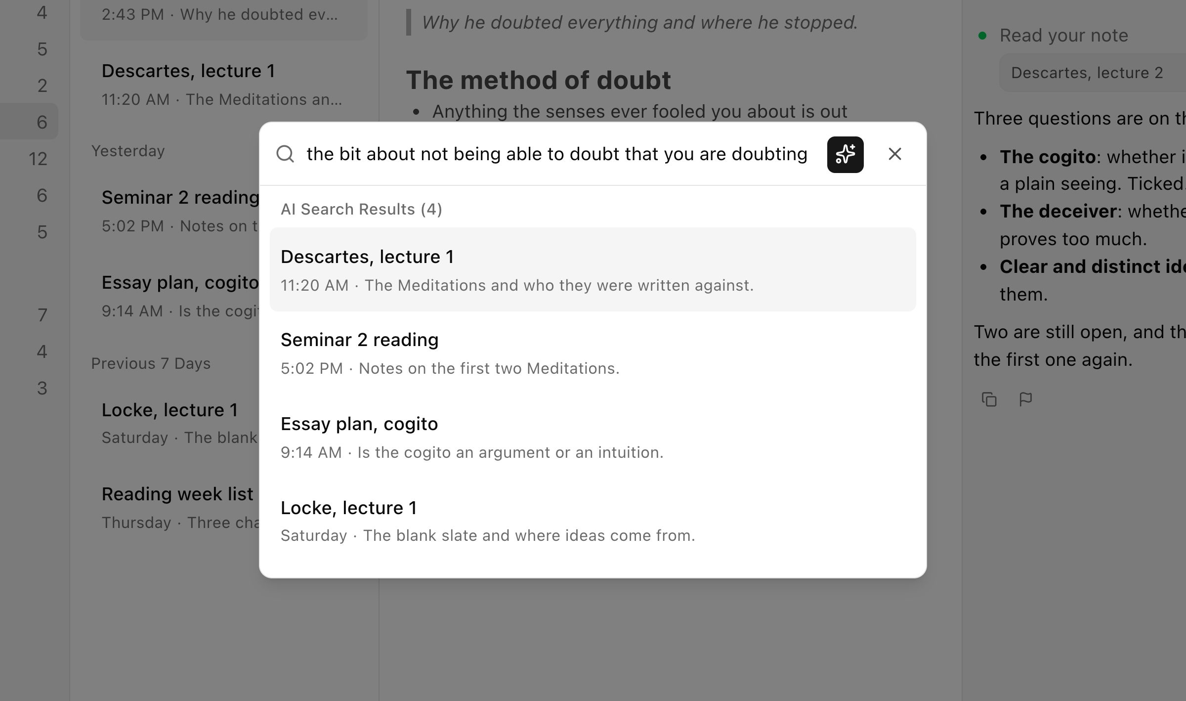 A close view of Grape's search dialog on the desktop finding four philosophy notes from a plain sentence about not being able to doubt that you are doubting