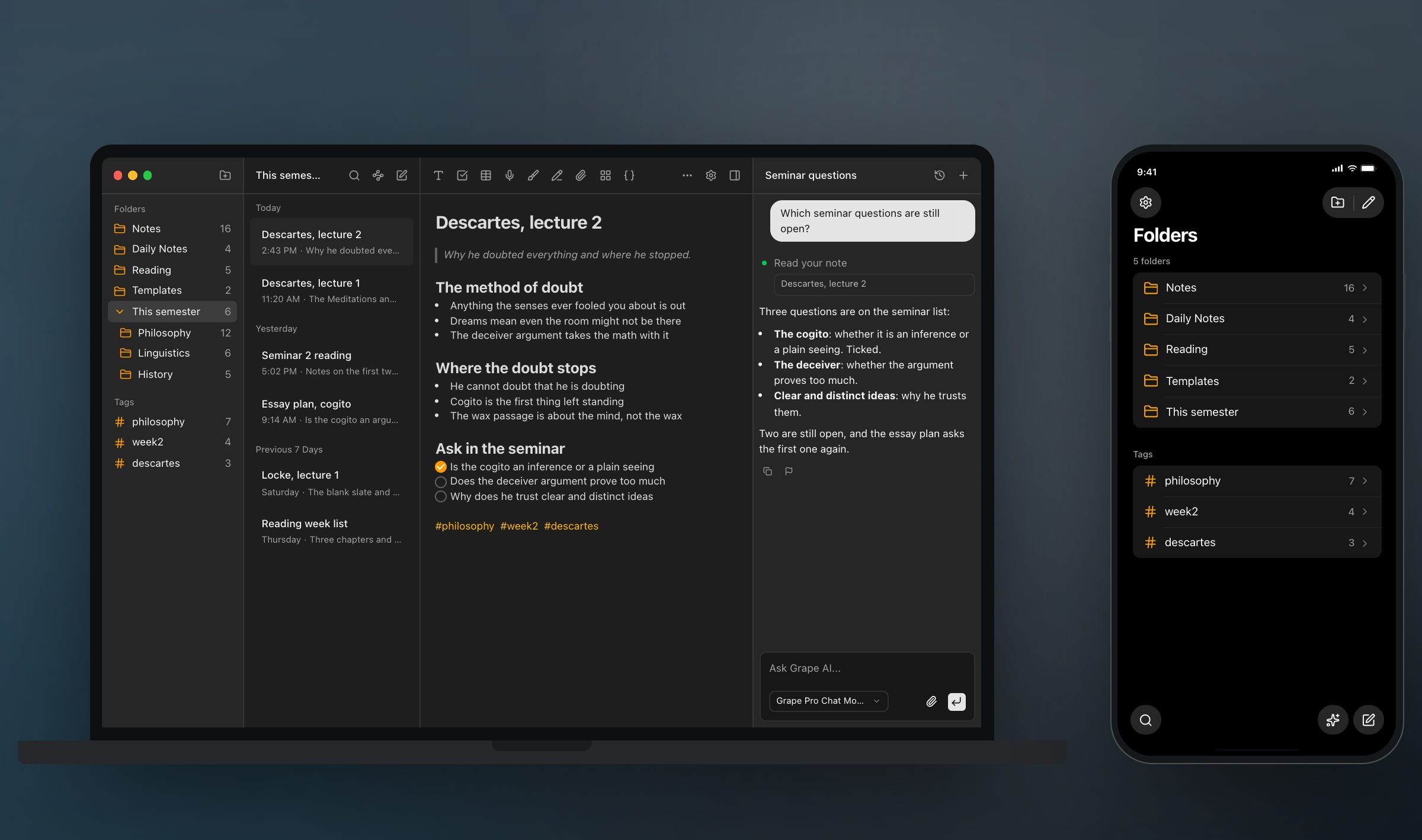 A MacBook and an iPhone side by side in dark mode, the Grape workspace with the Descartes lecture and the AI chat on the laptop and the folder and tag list on the phone