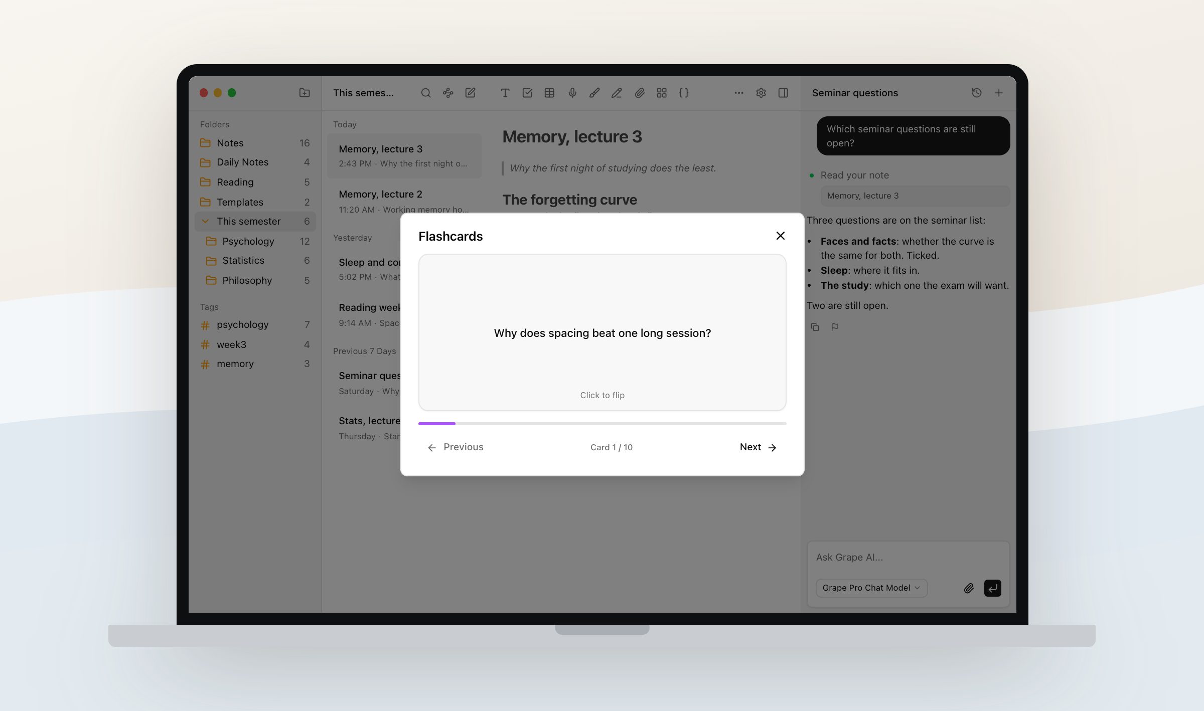A flashcard deck open over the memory lecture in Grape on a MacBook, card 1 of 10 asking why spacing beats one long session