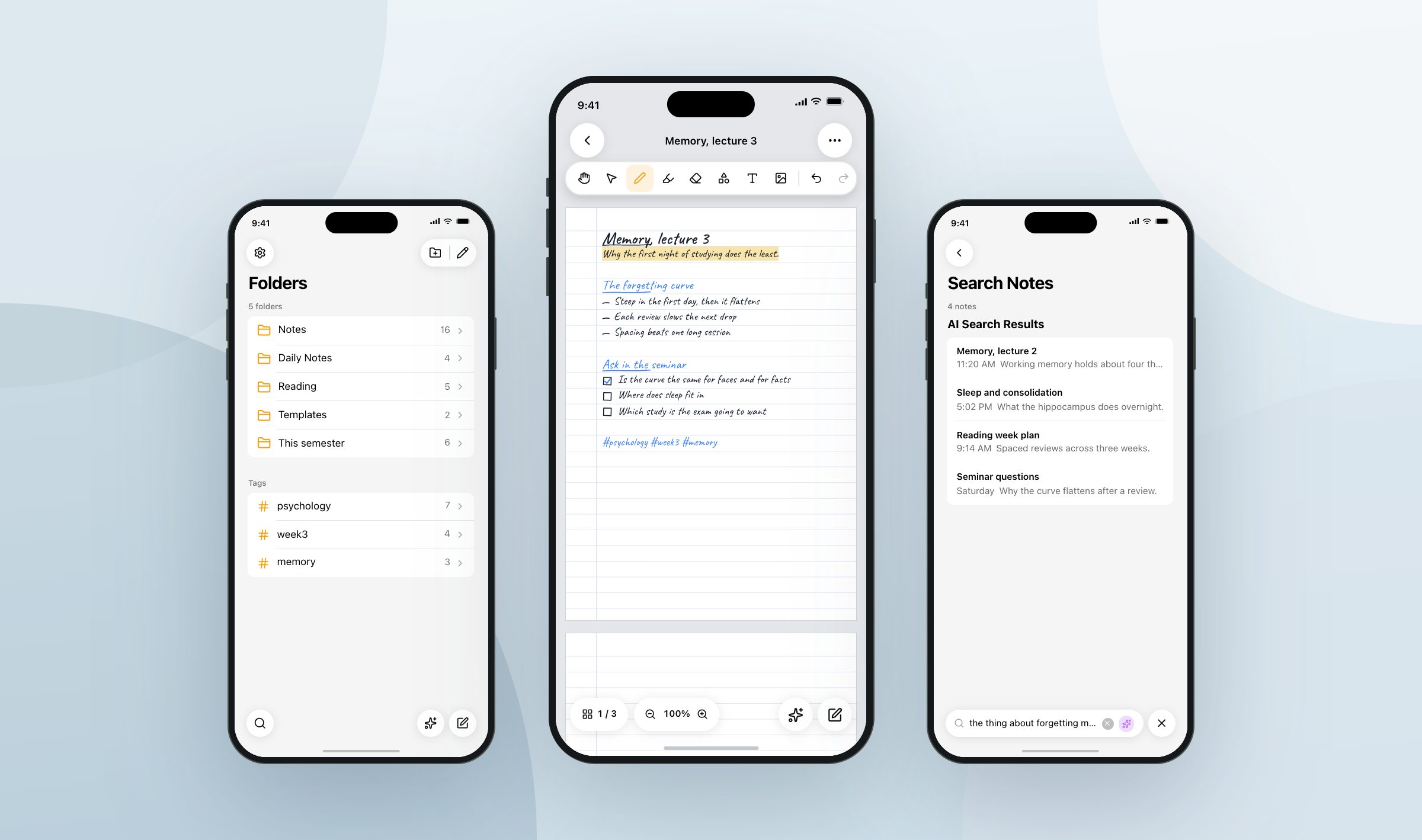 Grape on three iPhones, the folder list of a semester, a handwritten memory lecture on lined paper, and search finding notes from the same class