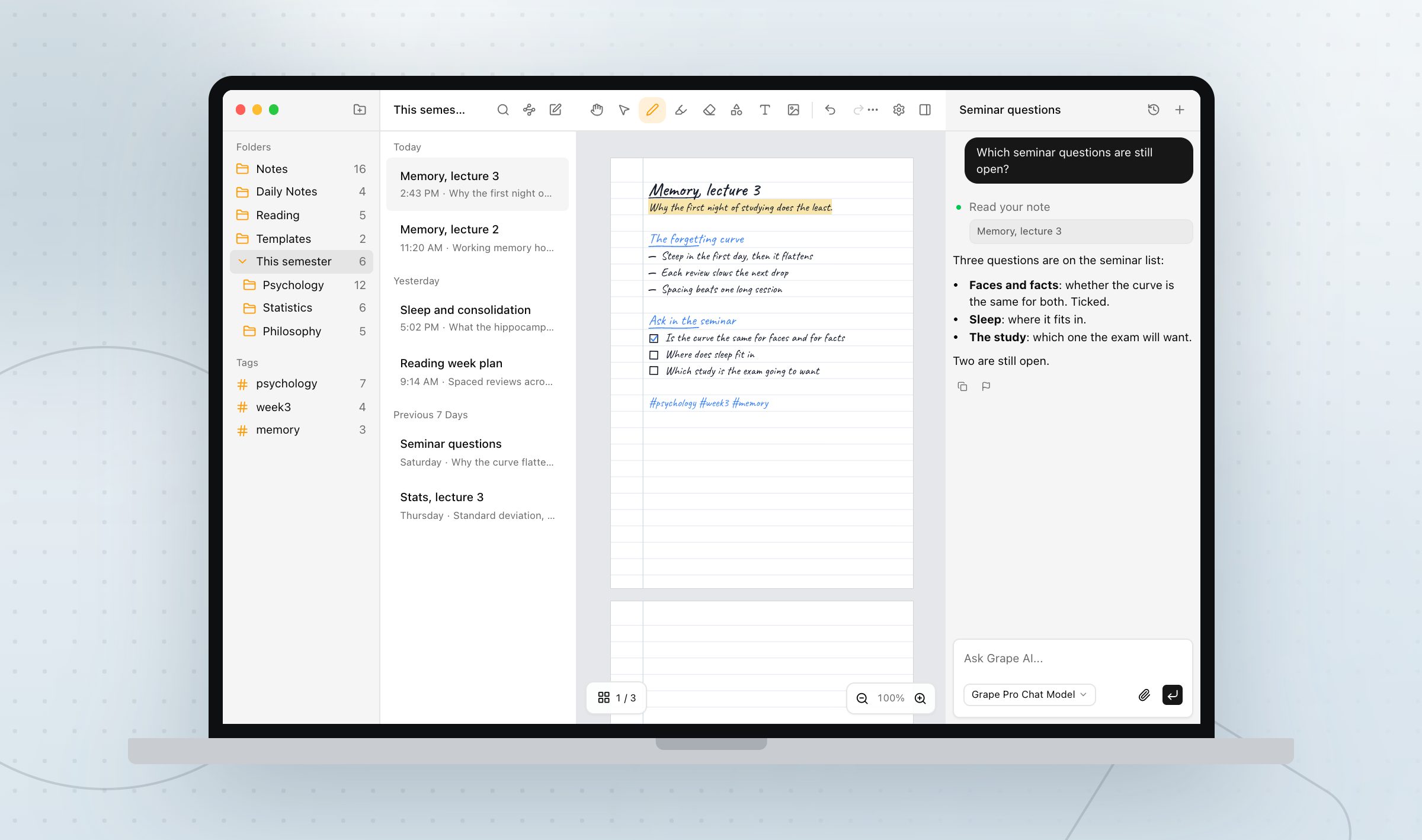 A handwritten psychology lecture note open in Grape on a MacBook, the pen tools in the header and the AI chat listing which seminar questions are still open