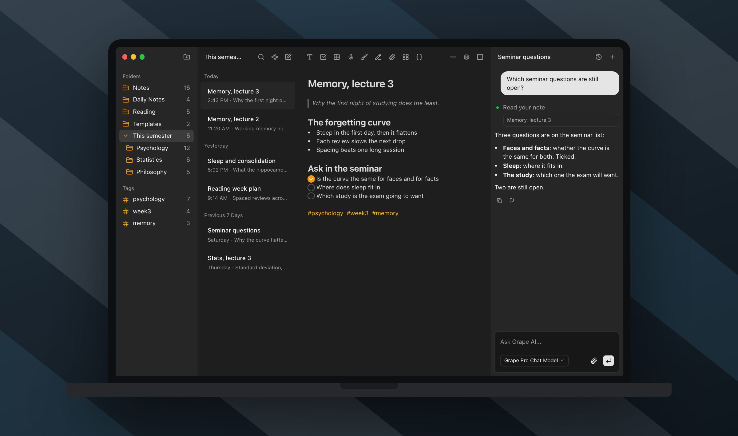 The Grape workspace in dark mode on a MacBook, a semester folder open with the memory lecture and the AI chat beside it