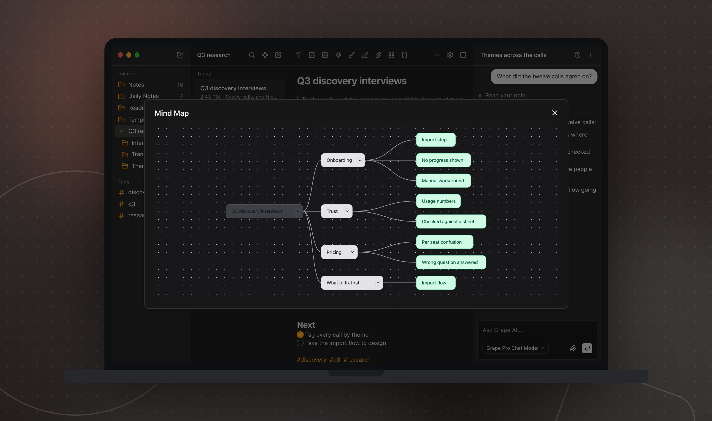 A mind map of a note about customer interviews in Grape, in dark mode