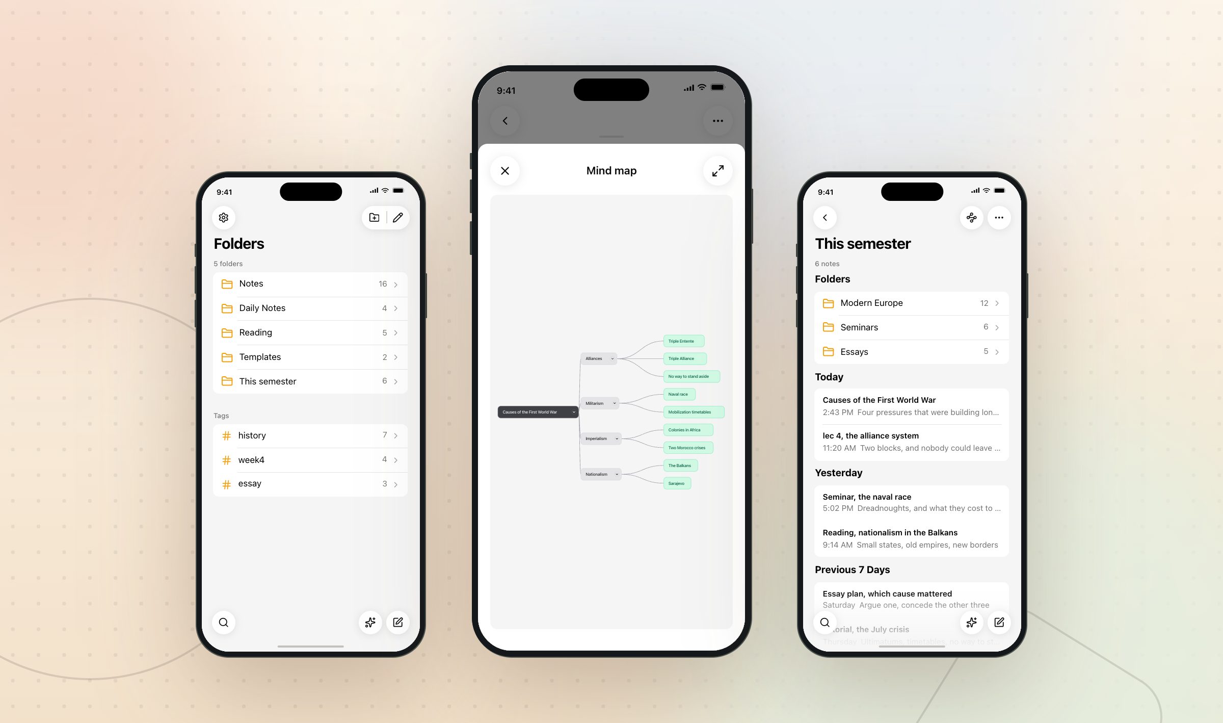 The same mind map open on an iPhone, between the folder list and the note list of the same workspace