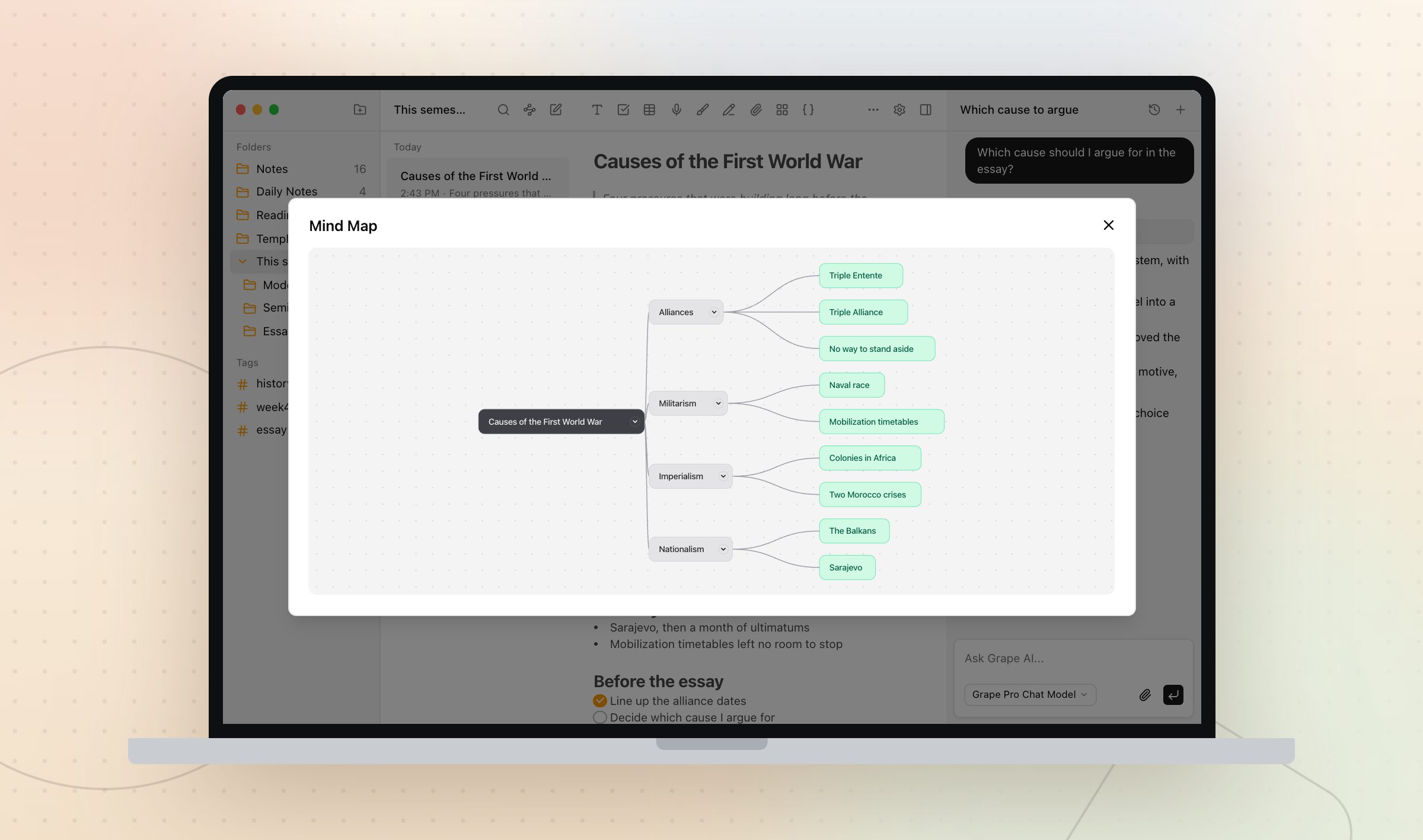 A mind map of a history note open over the Grape workspace on a MacBook, four branches expanded