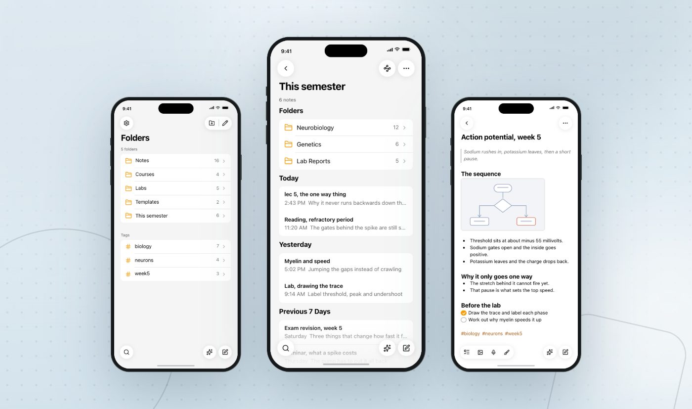 Three iPhone screens of Grape: the folder list, a semester folder, and the week 5 note open