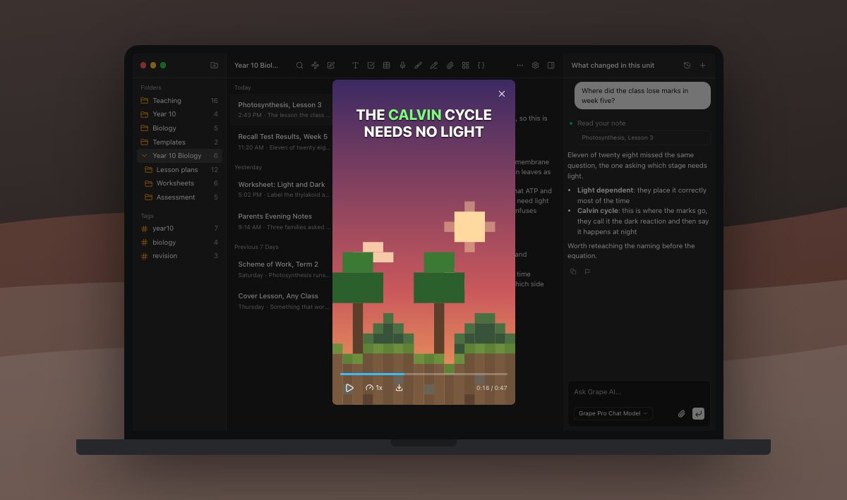 A Brainrot playing over a note about photosynthesis in Grape on a MacBook in dark mode, green captions over a gameplay clip drawn at sunset