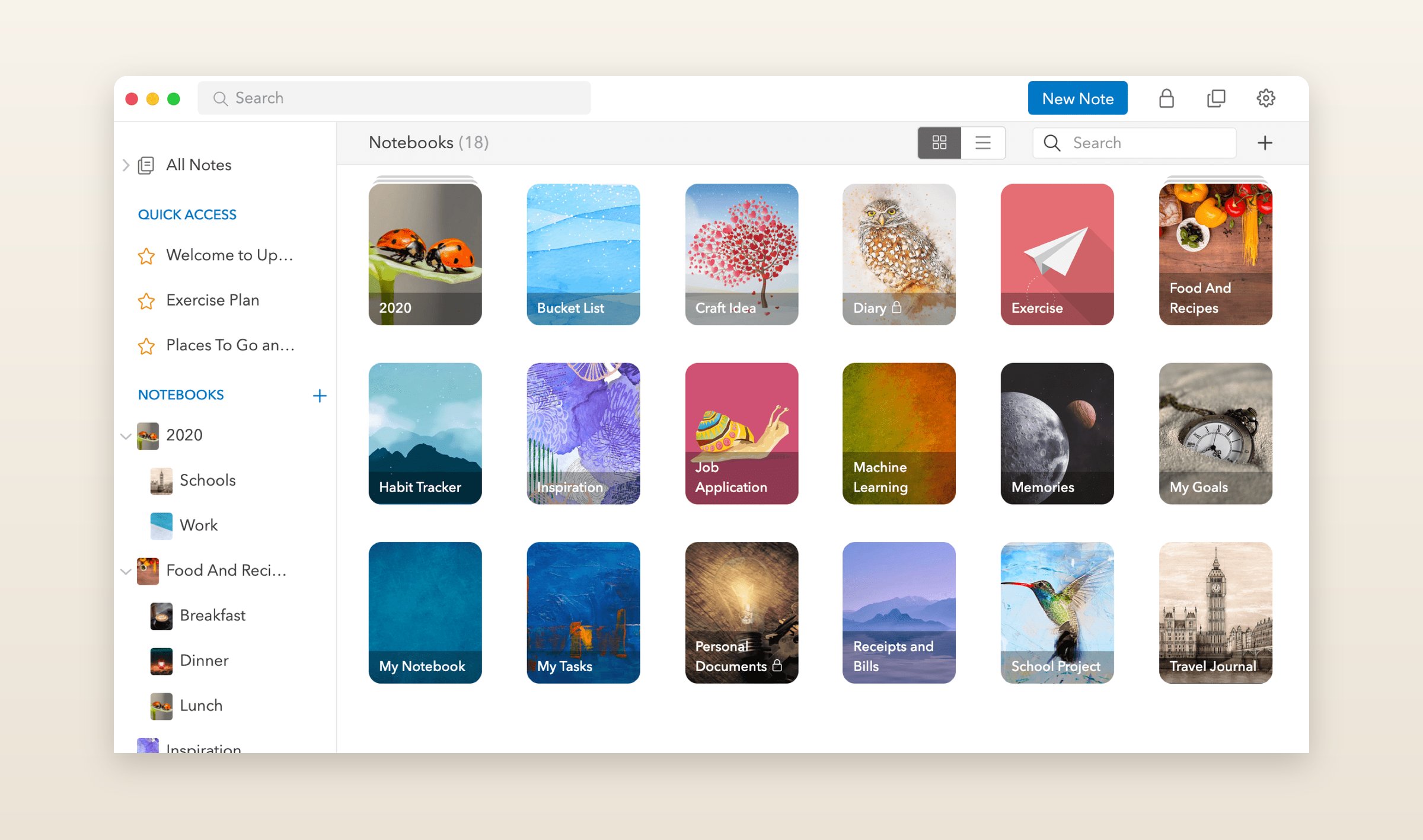 UpNote on a Mac, nested notebooks in the sidebar and eighteen notebooks shown as a grid of covers
