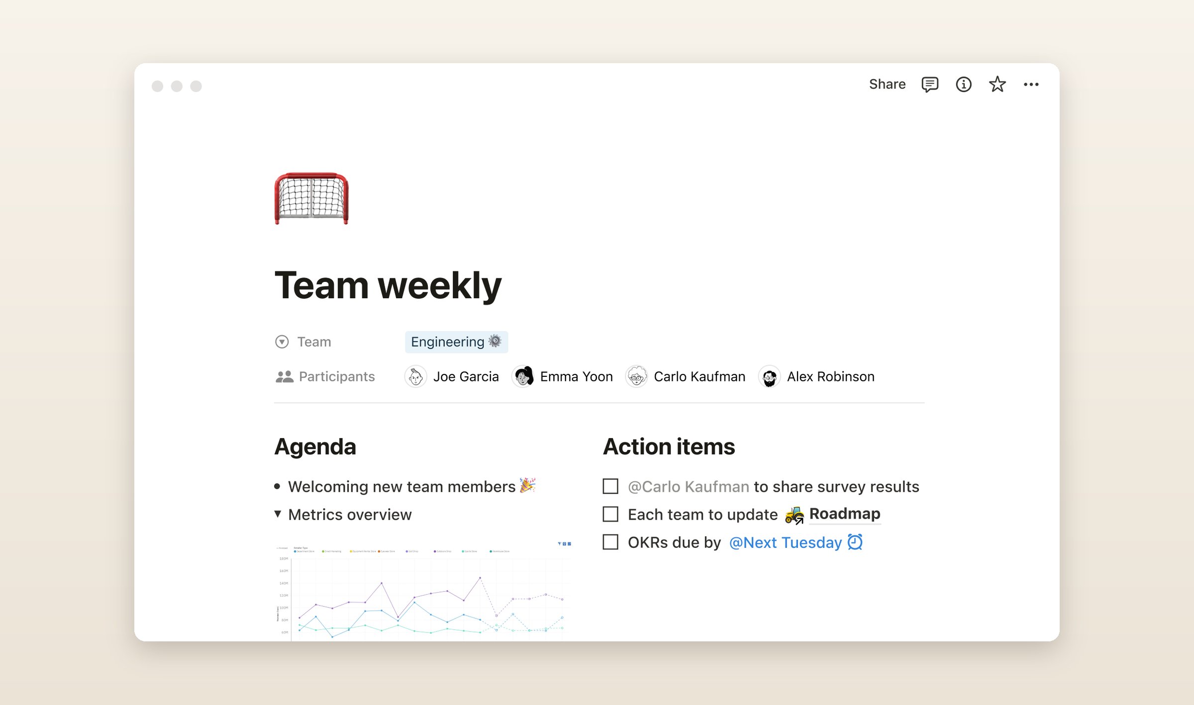 A Notion page called Team weekly, with its participants, an agenda and three action items