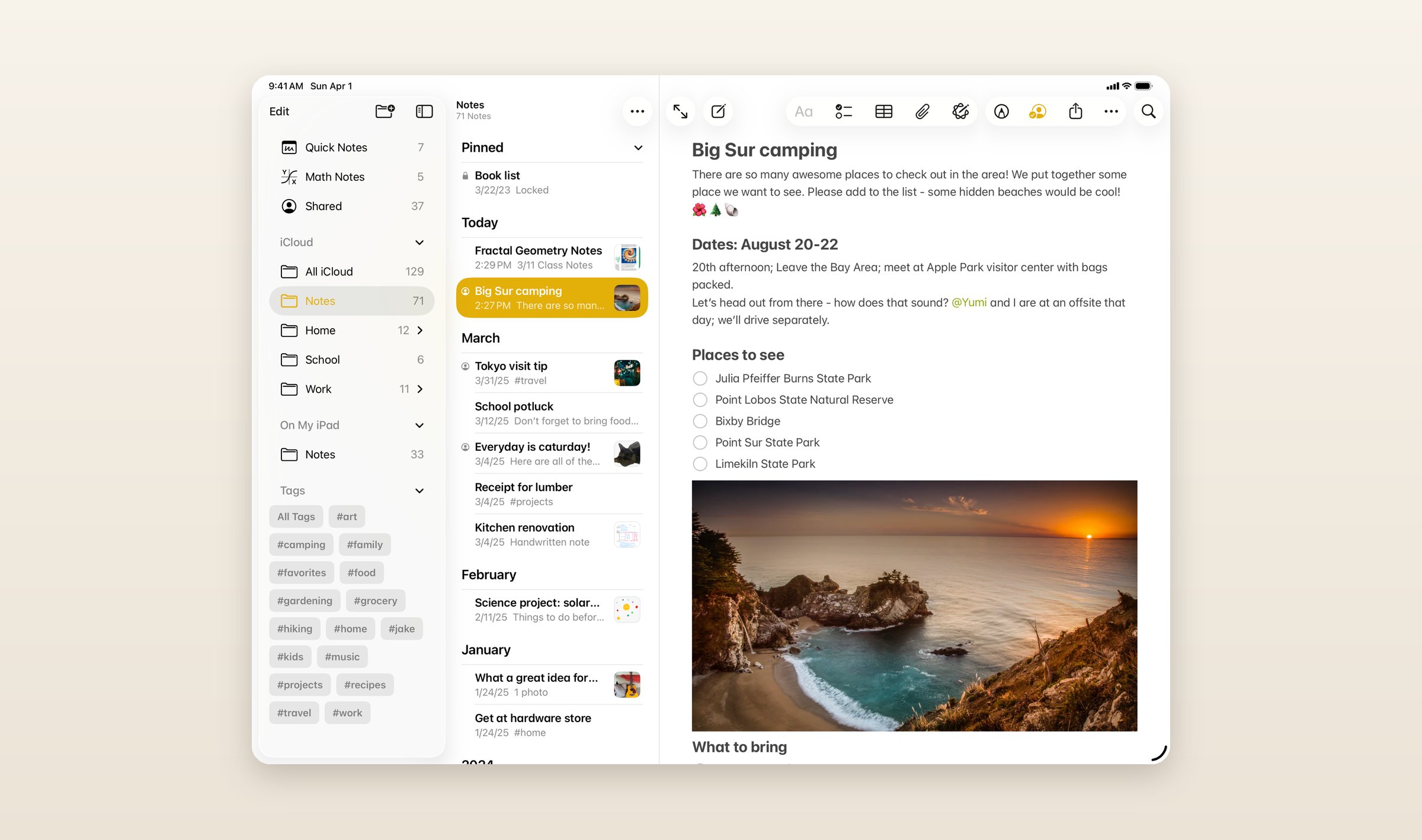 Apple Notes on an iPad, folders and tags in the sidebar, a list of notes and a camping trip note open with a photo