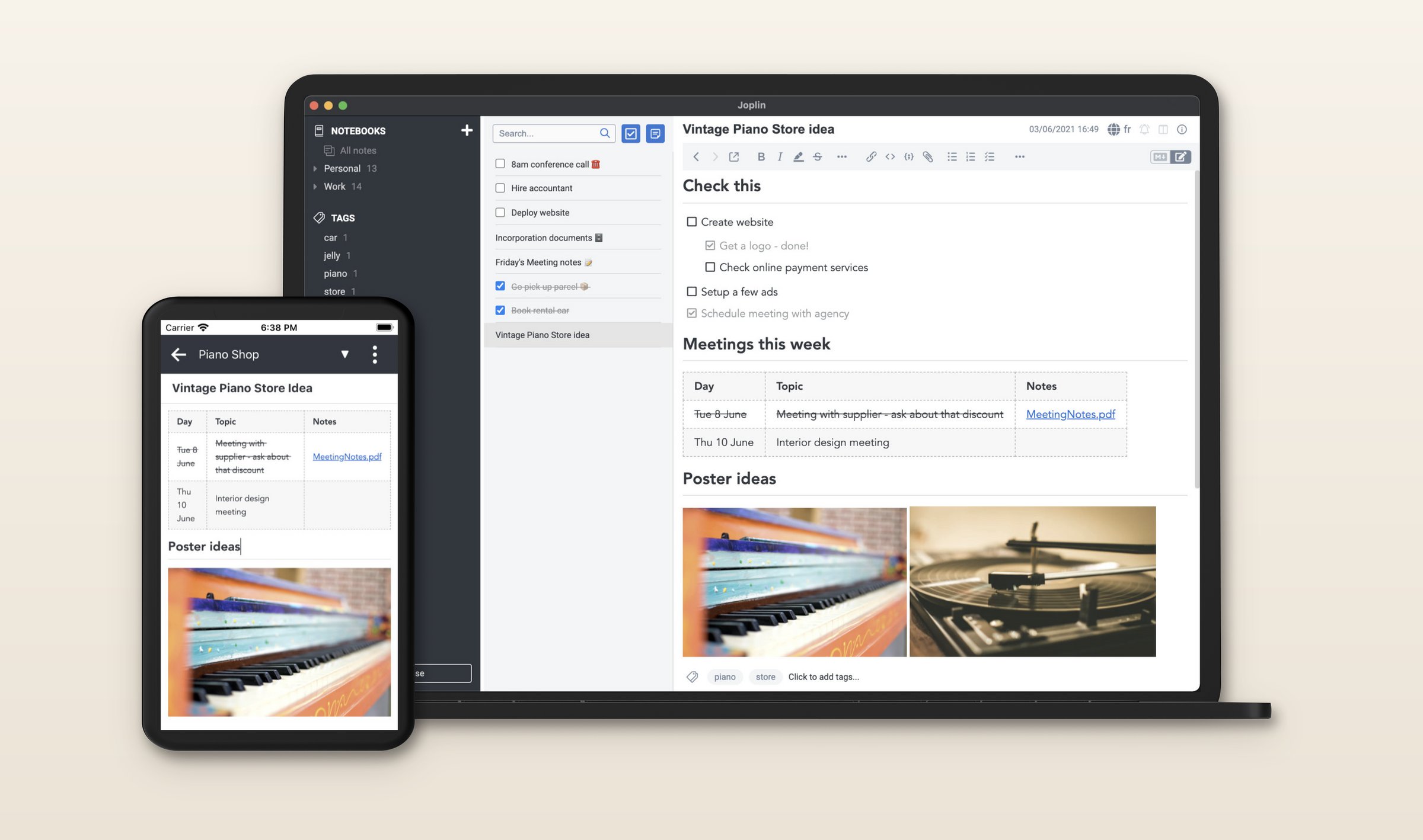 Joplin's desktop app on a laptop with a phone beside it, notebooks and tags in the sidebar and a note with a checklist and a meeting table open