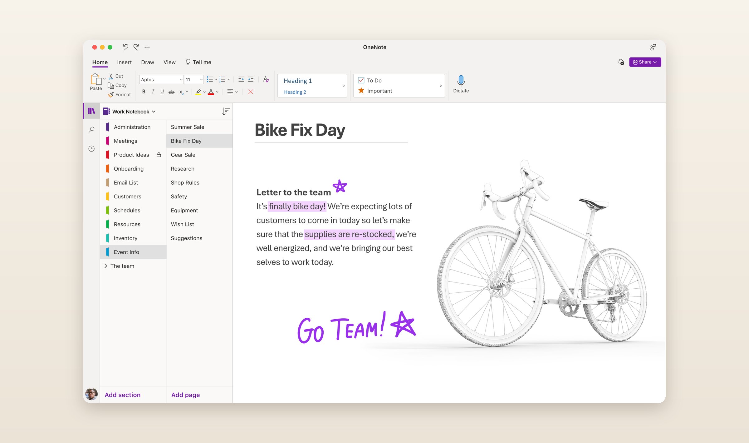 OneNote on a Mac, a work notebook's sections and pages down the side and a page with handwriting beside the typed text