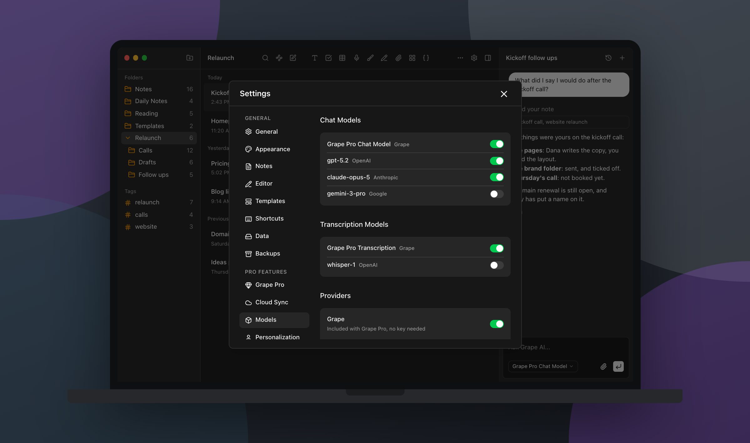 The Grape desktop app in dark mode with Settings open on its Models tab, Grape's own models beside OpenAI, Anthropic and Google ones, each with a switch