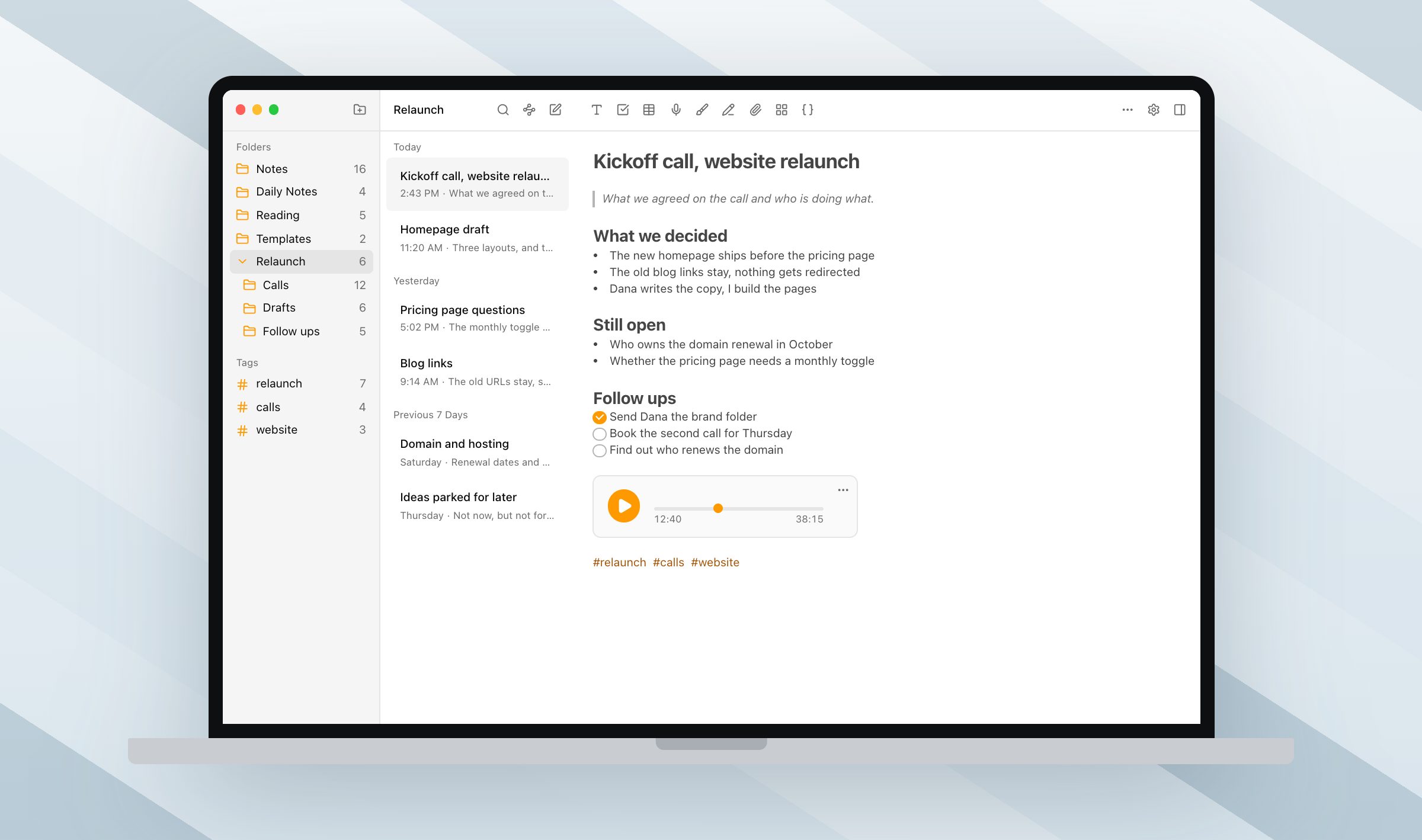 The Grape workspace on a MacBook, a Relaunch folder open with a kickoff call note in it, a checklist and a 38 minute recording inside the note
