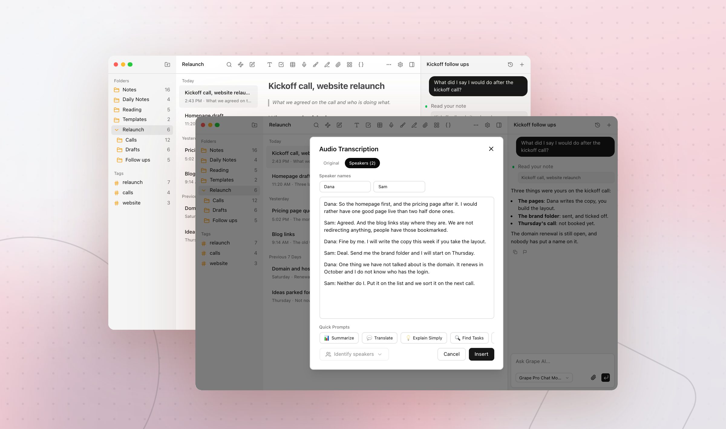 Two Grape windows on the Mac, the front one with the transcription dialog open on its Speakers tab, the call split between Dana and Sam with a name field for each