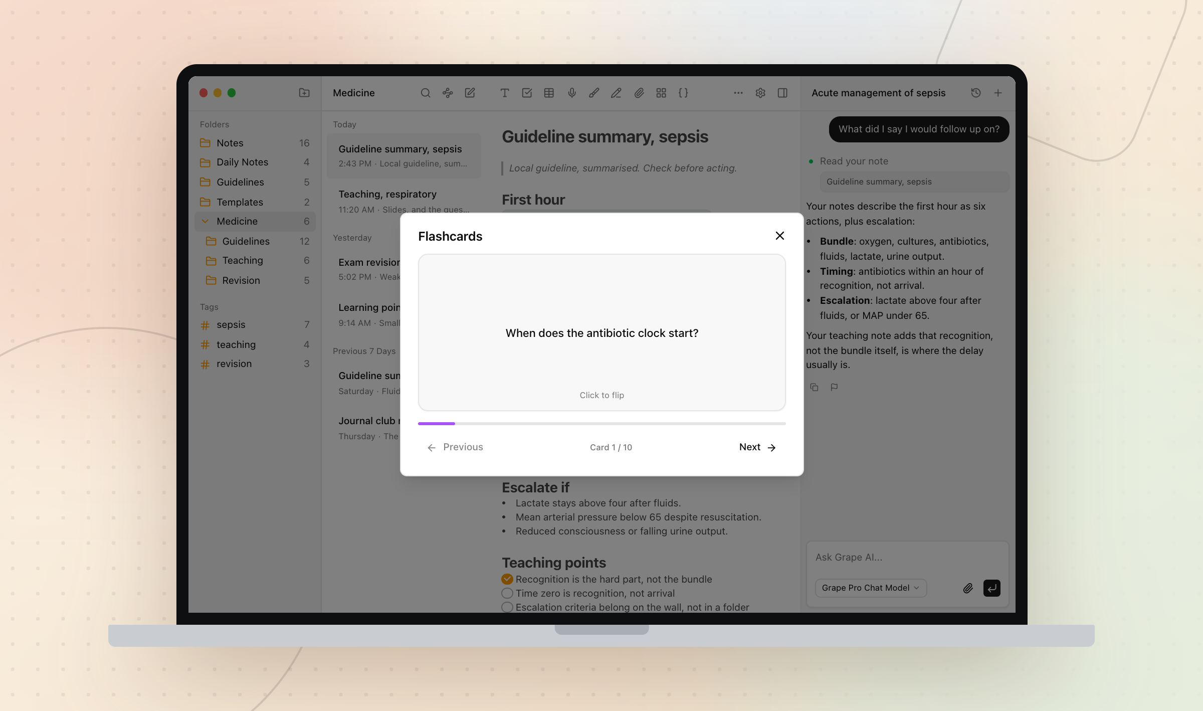 The flashcards deck open over a clinical guideline note in Grape
