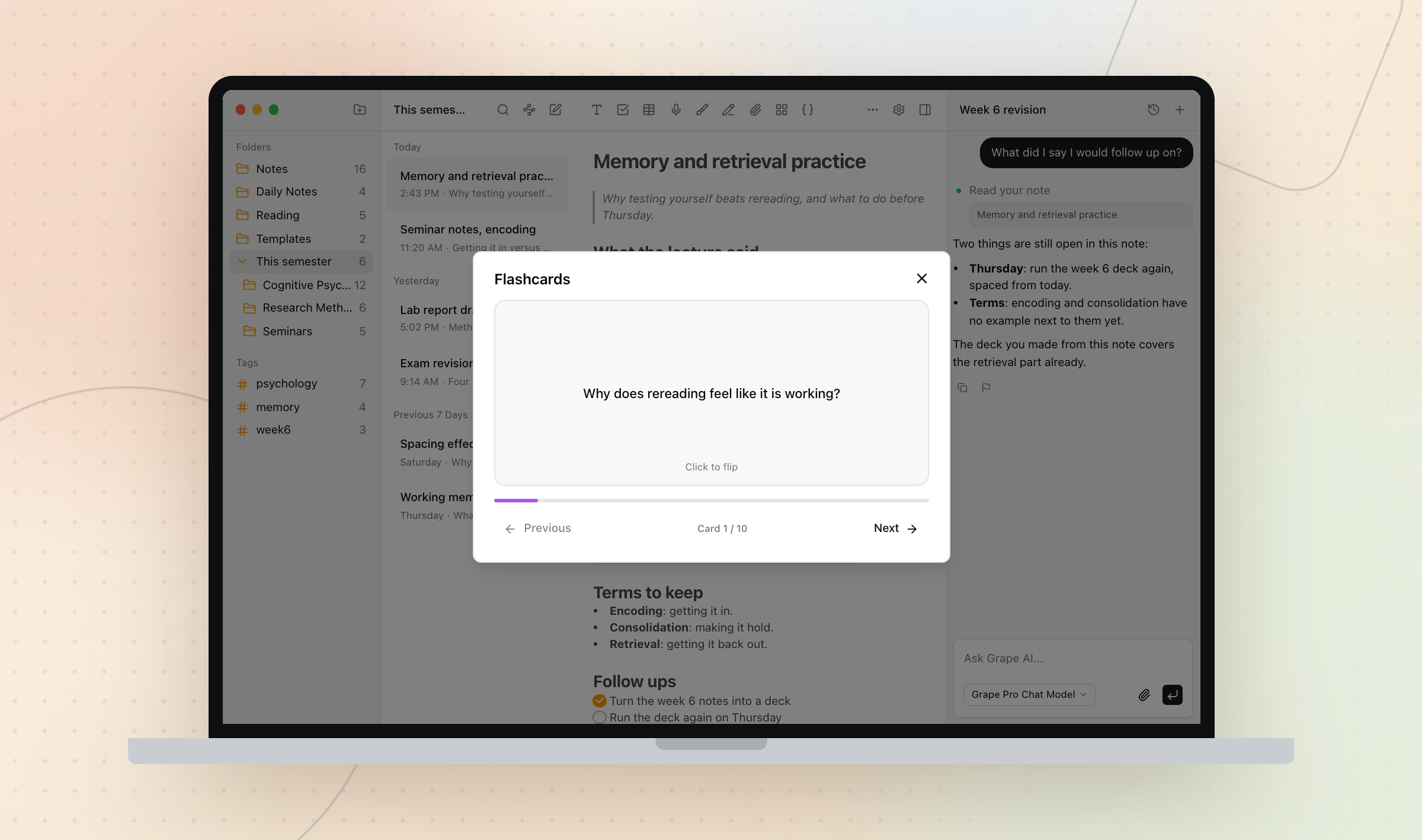 The flashcards deck open over a psychology note in Grape on a MacBook, card 1 of 10 showing